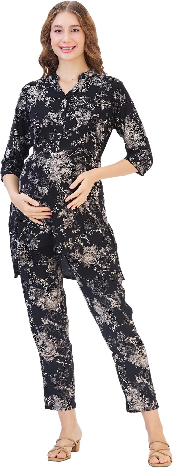 AV2 Women's Cotton Maternity Night Suit set|Nursing|Feeding Printed Tunic & Bottom Coord Set 2426