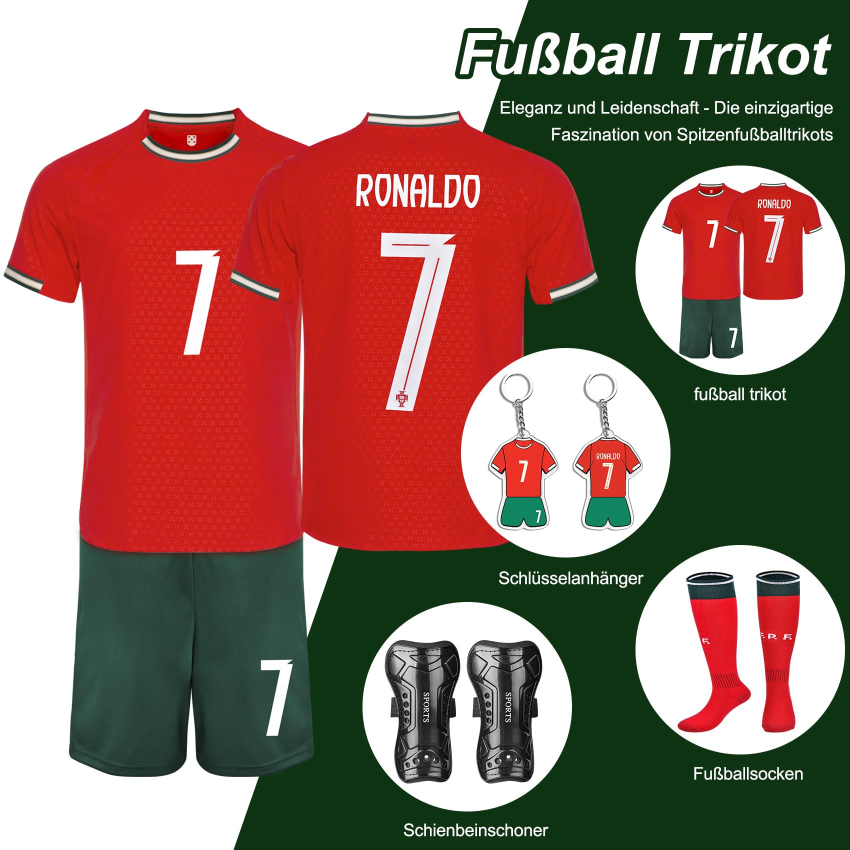 Maillot de football pour enfants - N° 7 - Ensemble maillot de football avec t-shirt, short, chaussettes et genouillères, maillot pour garçons et filles
