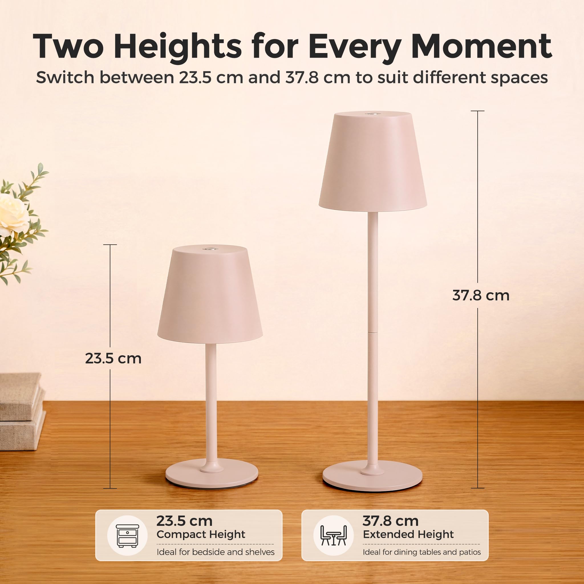 Lámparas de Mesa LED Inalámbrica, Lámpara Recargable de Mesita de Noche y Escritorio para Interior y Exterior – 3 Temperaturas de Color, Regulación Continua, Cuerpo Metálico, IP54, 5300 mAh