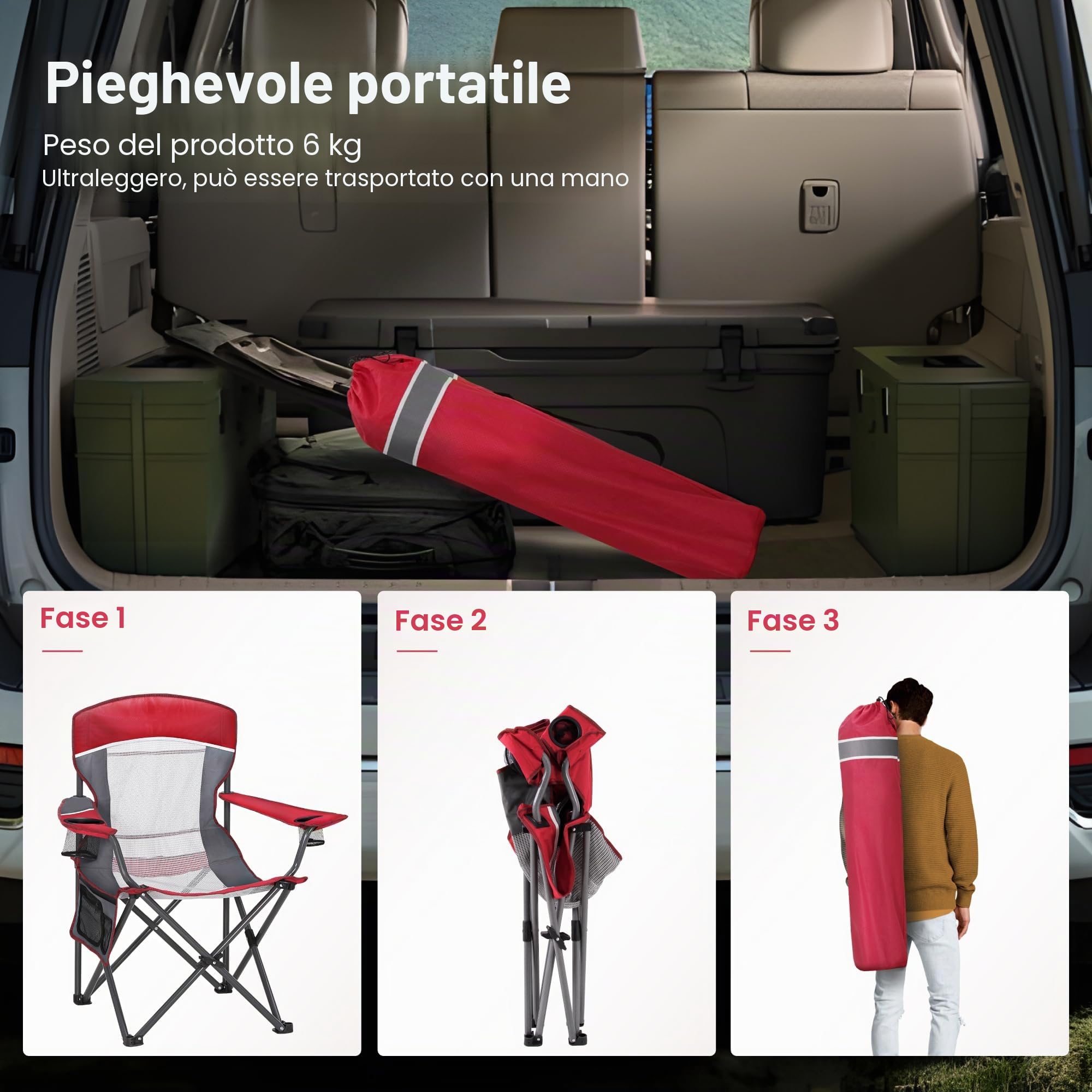 HIGH POINT SPORTS Sedia Pieghevole da Campeggio con Schienale in Rete Rosso Sedie Pieghevoli da Esterno Sedia da Campeggio Sedia da Pesca 160KG