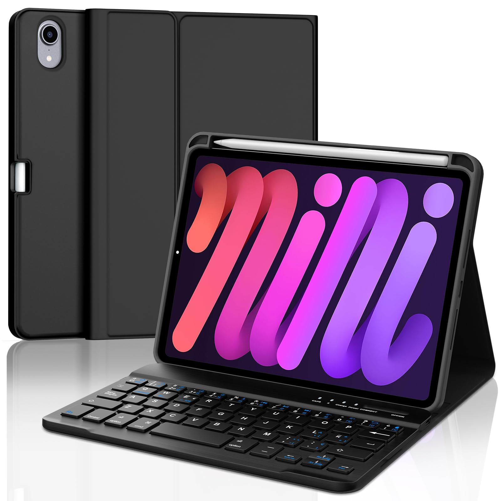 Funda con Teclado para iPad Mini 7 8.3 Pulgadas 2024 | [Español] Magnético Magnéticamente Bluetooth Teclado con Funda Delgada para Tablet iPad Mini 7/6 2024/2021, Negro