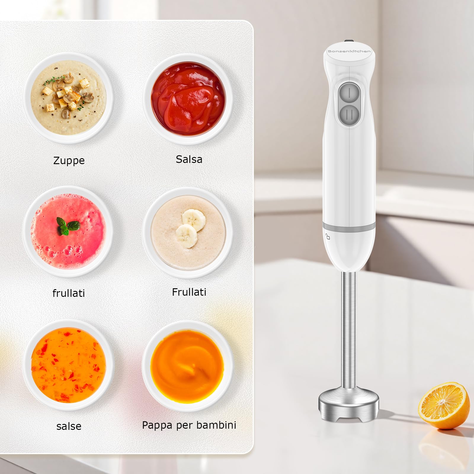 Bonsenkitchen Frullatore a Immersione 2 in 1, 1000 W, Frullatore in acciaio inox, 2 Velocità, con Misurino da 700 ml con Coperchio, per Pappe, Zuppe, Frullati, Puree