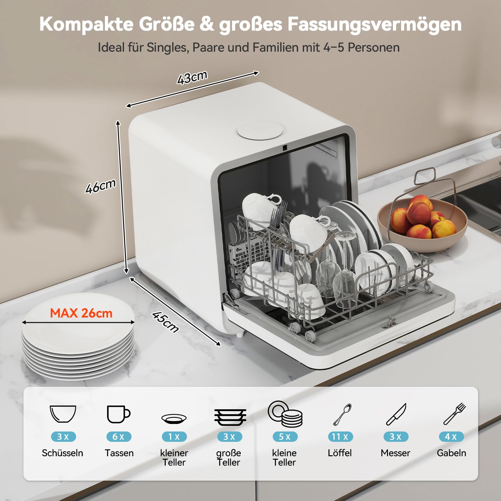 Mini Geschirrspüler 3 Gedecke Tischgeschirrspüler 5L Wassertank 6+1 Programme PTC Touch Control 24h Timer Kindersicherung
