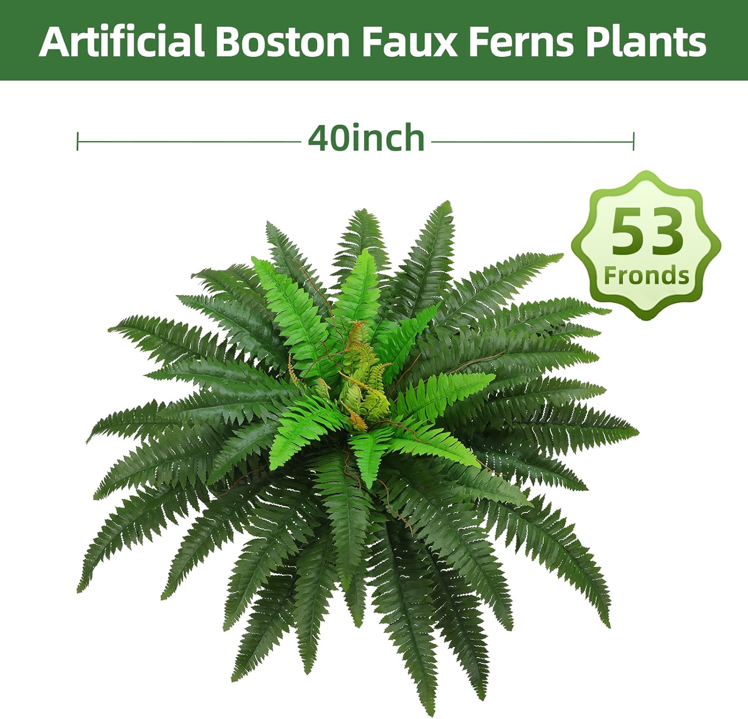 40" Artificial Boston Ferns Bush Plants, Set of 2, Large Faux Ferns Hanging Decor with 53 Fronds, Fake Vines Indoor Or Outdoors Planter for Home and Office Decor - Image 3