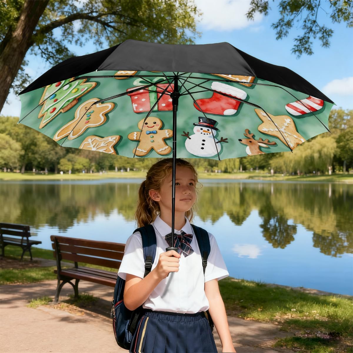 Watercolor Christmas Gingerbread Folding Umbrella Windproof Compact Lightweight Travel Umbrella with 8 Reinforced Ribs, Portable UV Sun & Rain Protection for Men & Women