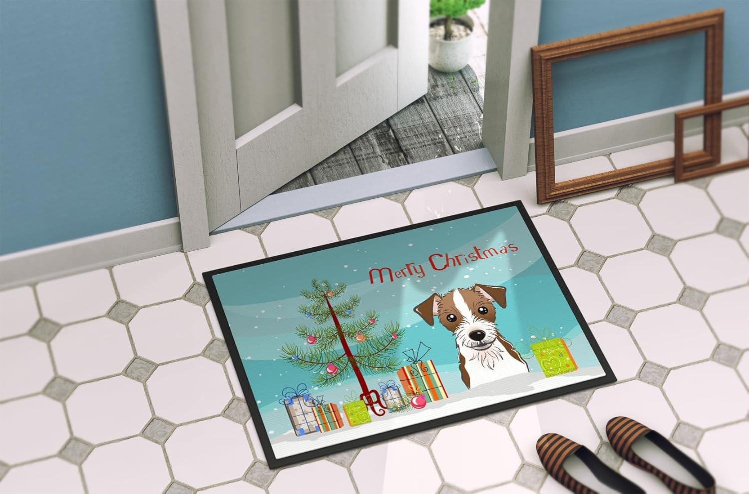Caroline's Treasures BB1574MAT Christmas Tree and Wirehair Jack Russell Terrier Doormat 18x27 Front Door Mat Indoor Outdoor Rugs for Entryway, Non Slip Washable Low Pile, 18H X 27W