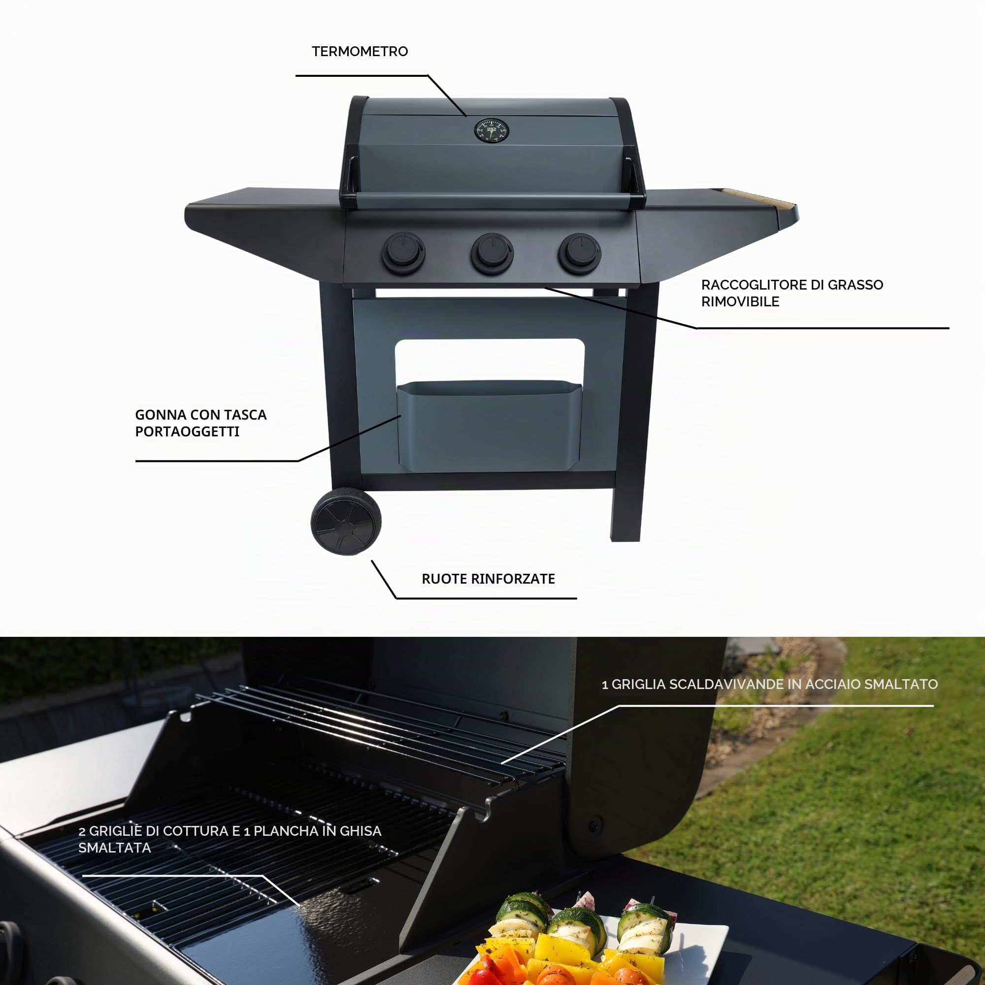 Cook'in Garden - Cucina Esterna a Gas BURN, Barbecue Modulabile con Angolo, 3 Bruciatori, Diverse Configurazioni Possibili, Dritto, Angolo Sinistra o Dritto, Ruote Multidirezionali