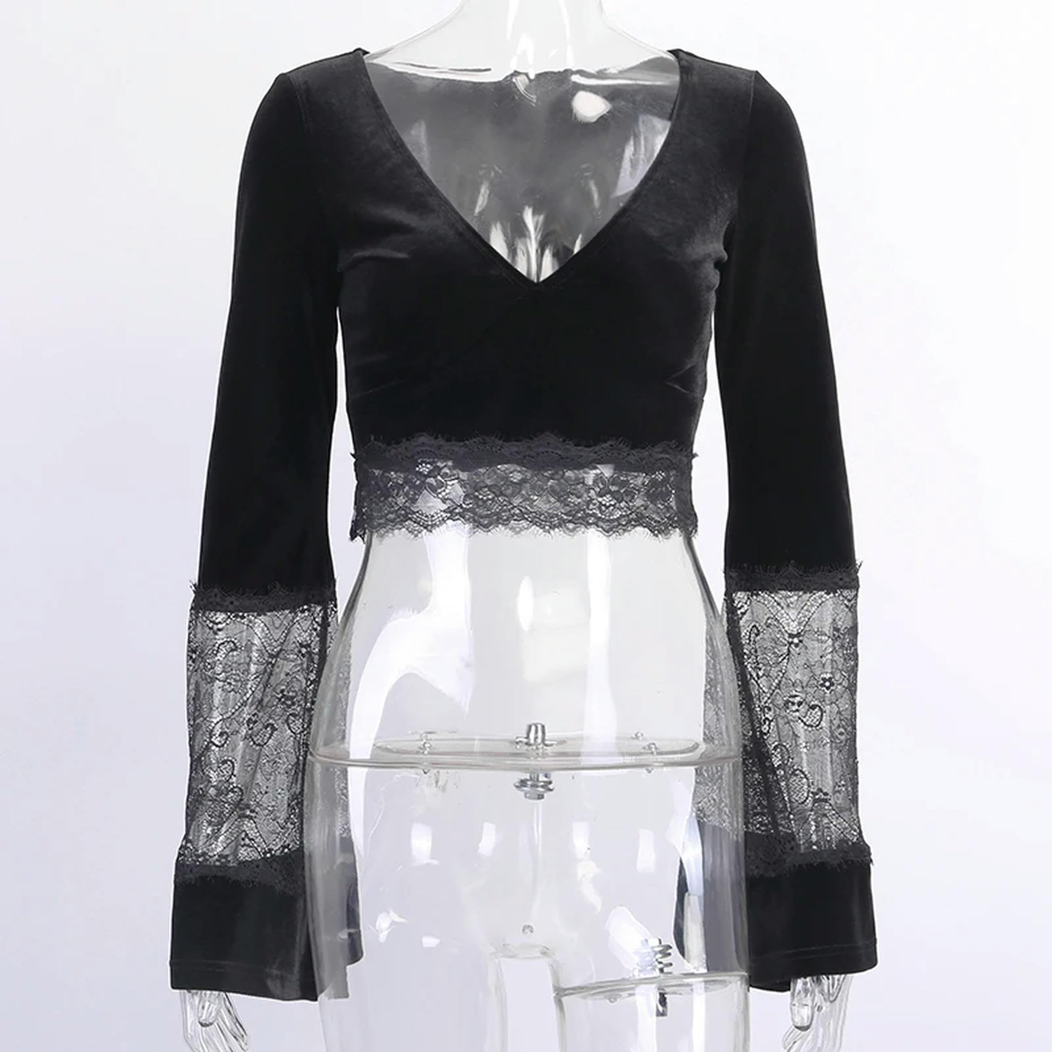 Blusa Elegante de Verano con Escote en V, Mangas Acampanadas, Encaje y Retazos, Cintura Alta, Color Negro, M