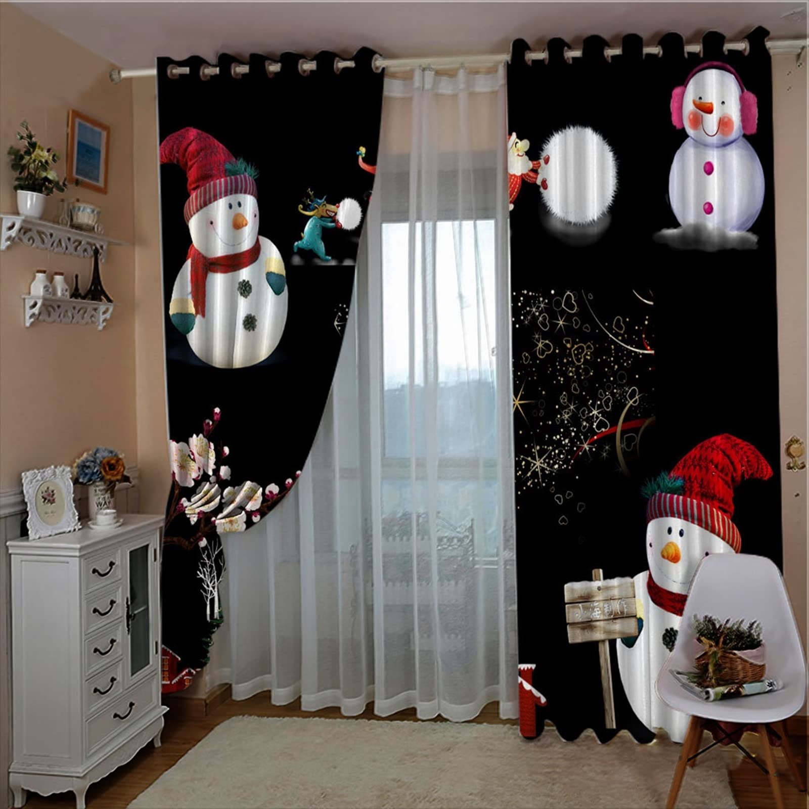 Tenda Occhielli Babbo Natale Pupazzo di Neve Fiori E Casa, Tende X Camera per Cameretta Bambini, 274x244CM