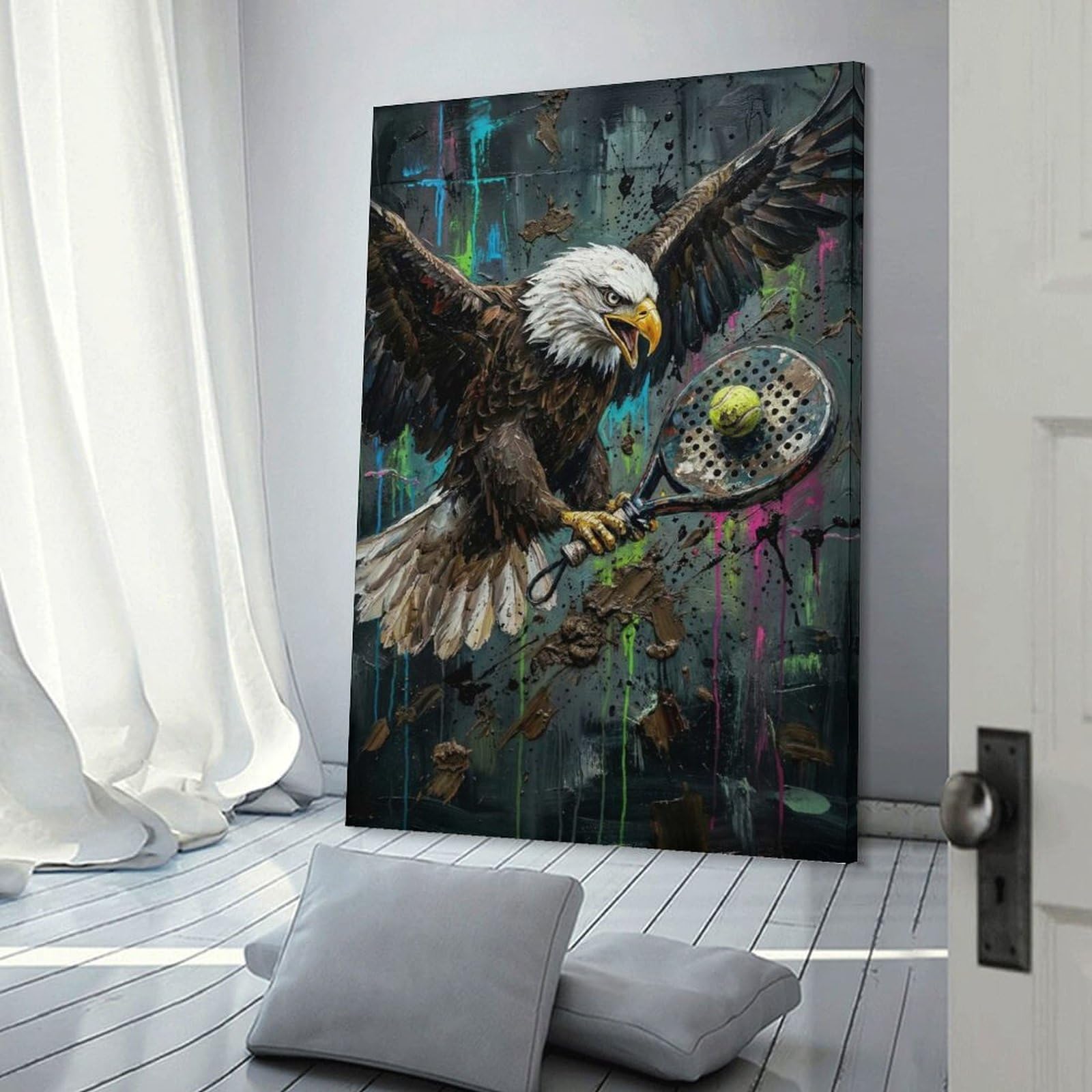 Junmoney Frame-Style-13 Canvas Wall Decor Eagle With Padel Racket Art, 24X36inch(60X90cm), For Home Lounge, Bedroom Or Reading Nook, Eye Catching Artwork For Blank Walls