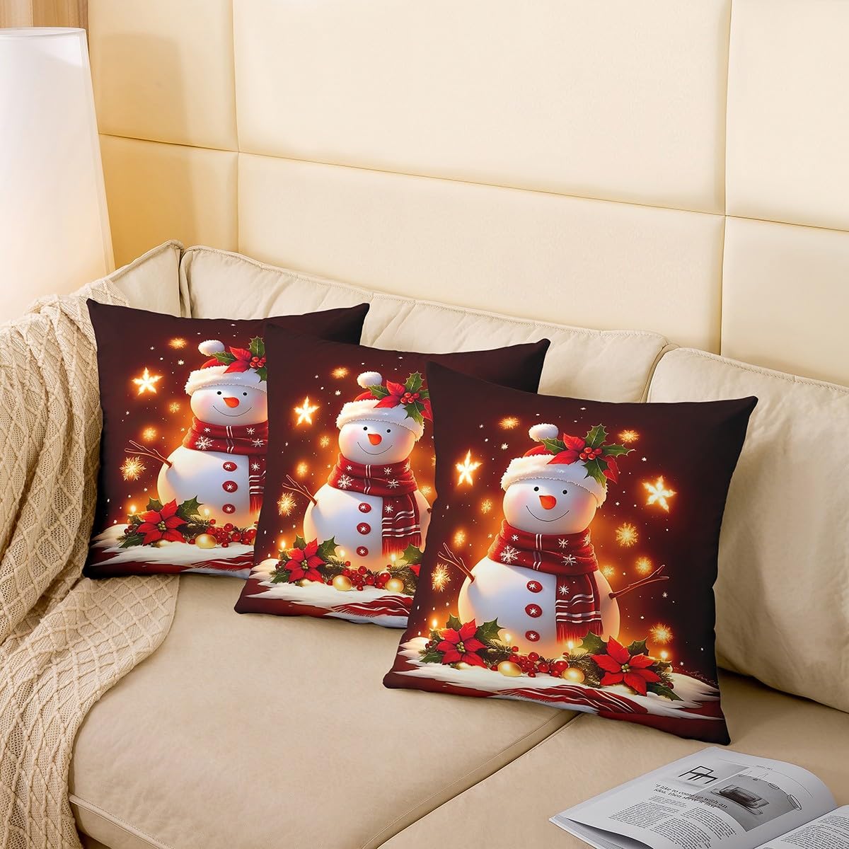 Homemissing Fundas de almohada reversibles de Navidad de 50 x 50 cm, fundas de almohada cuadradas de muñeco de nieve navideño, juego de 4 fundas de almohada de copo de nieve, fundas de almohada rojas