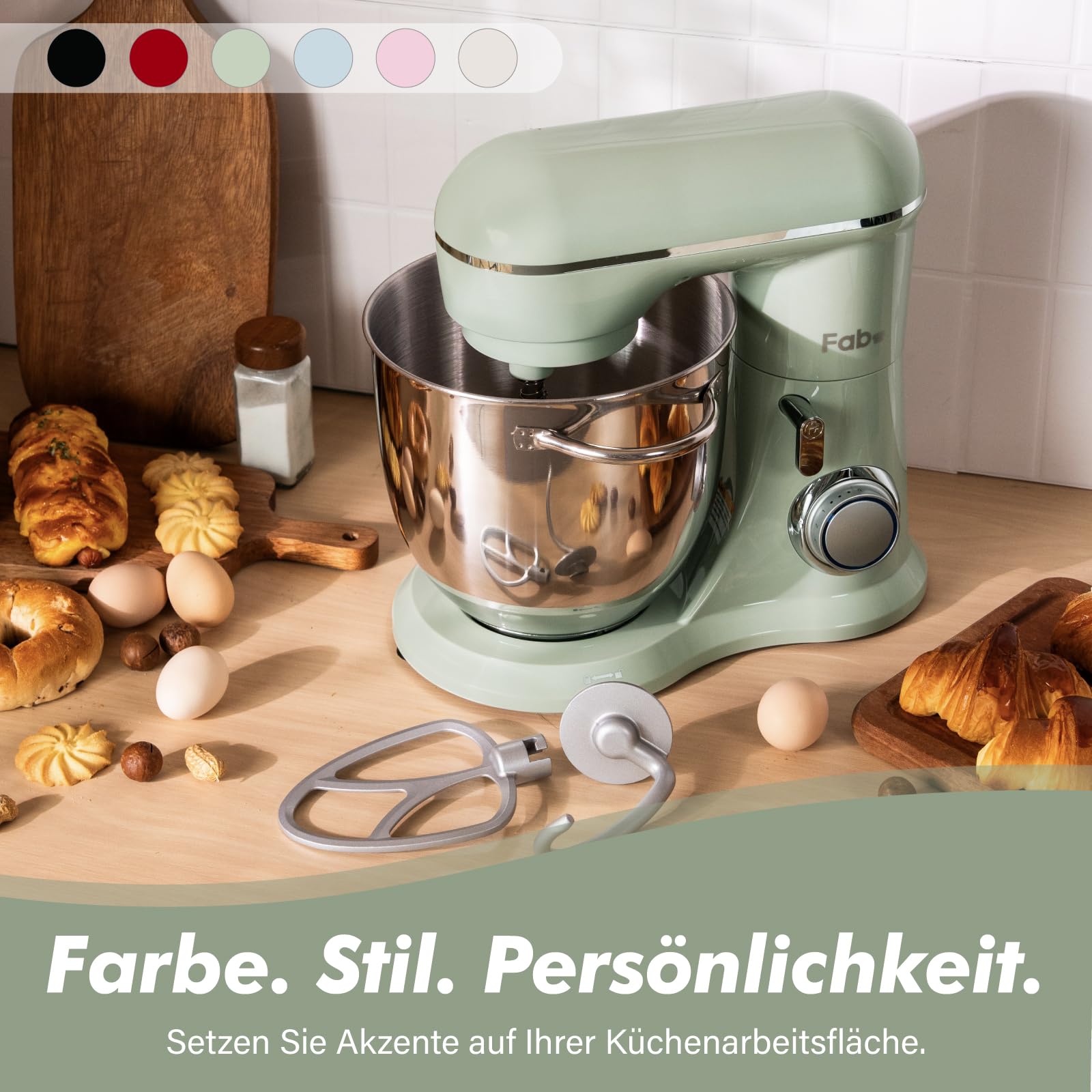 Fab-Serie 6L Küchenmaschine von Kitchen in the box, leistungsstarke Rührmaschine mit 1300W, 10 Geschwindigkeiten, ideal für den täglichen Gebrauch, inkl. Knethaken, Schneebesen & Rührhaken, Grün