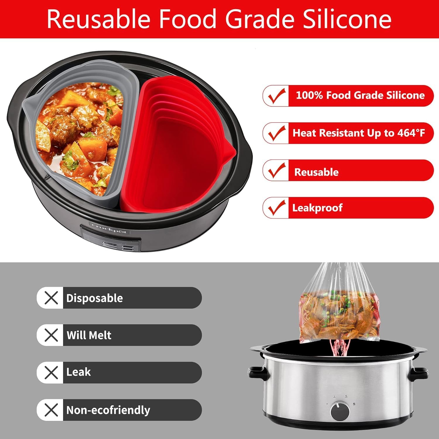 Siliconen inzetstuk voor slowcooker, herbruikbare siliconen inzetset voor slowcooker, herbruikbare pannen, gemakkelijk te reinigen, BPA-vrij, 6-8 QT, keukeneierkoker voor verschillende