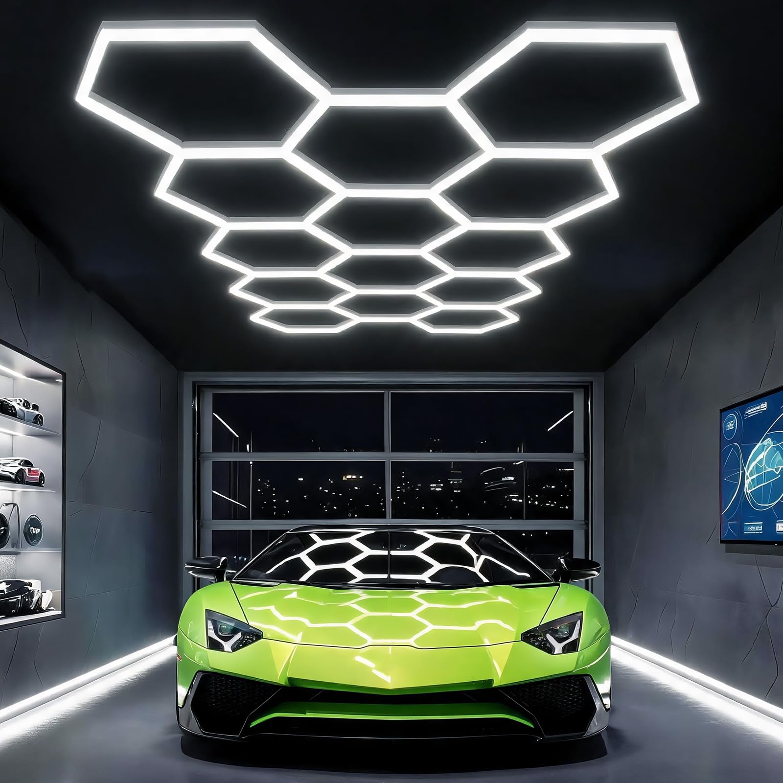 Sześciokątna lampa sufitowa LED, 14 siatek, 6500 K, super jasna lampa garażowa, łatwy montaż, trwały sześciokąt do garażu, studia fitness, magazynów, prywatnych domów, pomieszczeń wystawowych