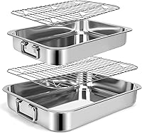EsOfficce 2-Piece Stainless Steel Roasting Pans with Racks & Handles - 12.7" & 15.5" Heavy Duty Oven Baking Pans, Dishwasher Safe