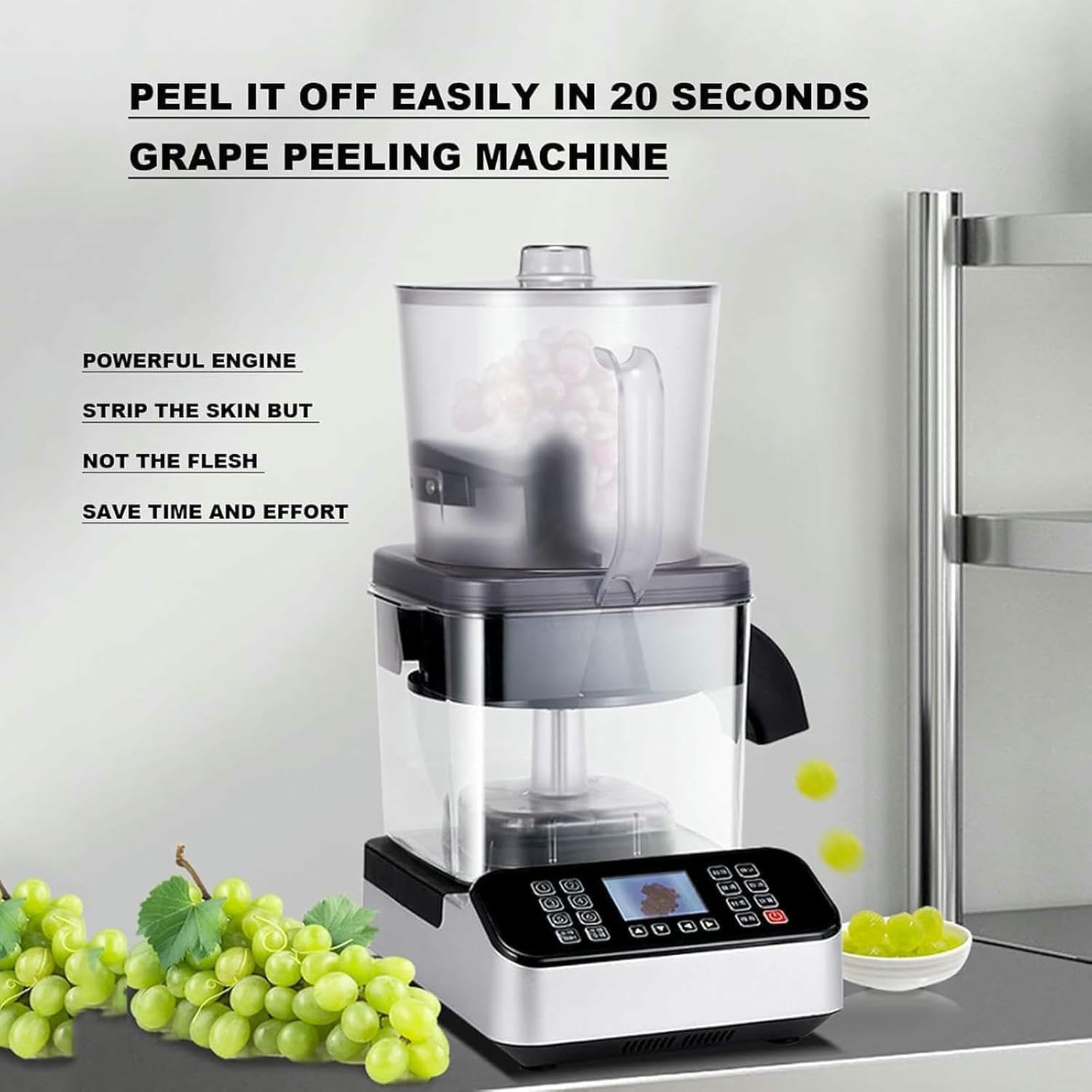 Pelador de frutas inteligente comercial de 2500 W, máquina peladora de piel de uva con rotación automática de 500 g/min, pantalla de 2,8 pulgadas y recipiente de 3 kg de capacidad, para uvas, cereza