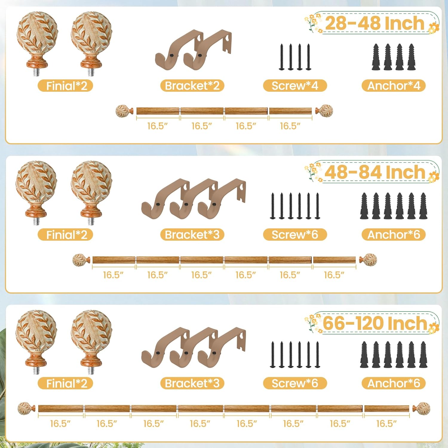 Imitation Wood Grain Curtain Rod for Windows 66 to 120 Inches: 1 Inch Heavy-Duty Adjustable Decorative Curtain Rod With Rustic Leaf Finials for Bedroom & Living Room