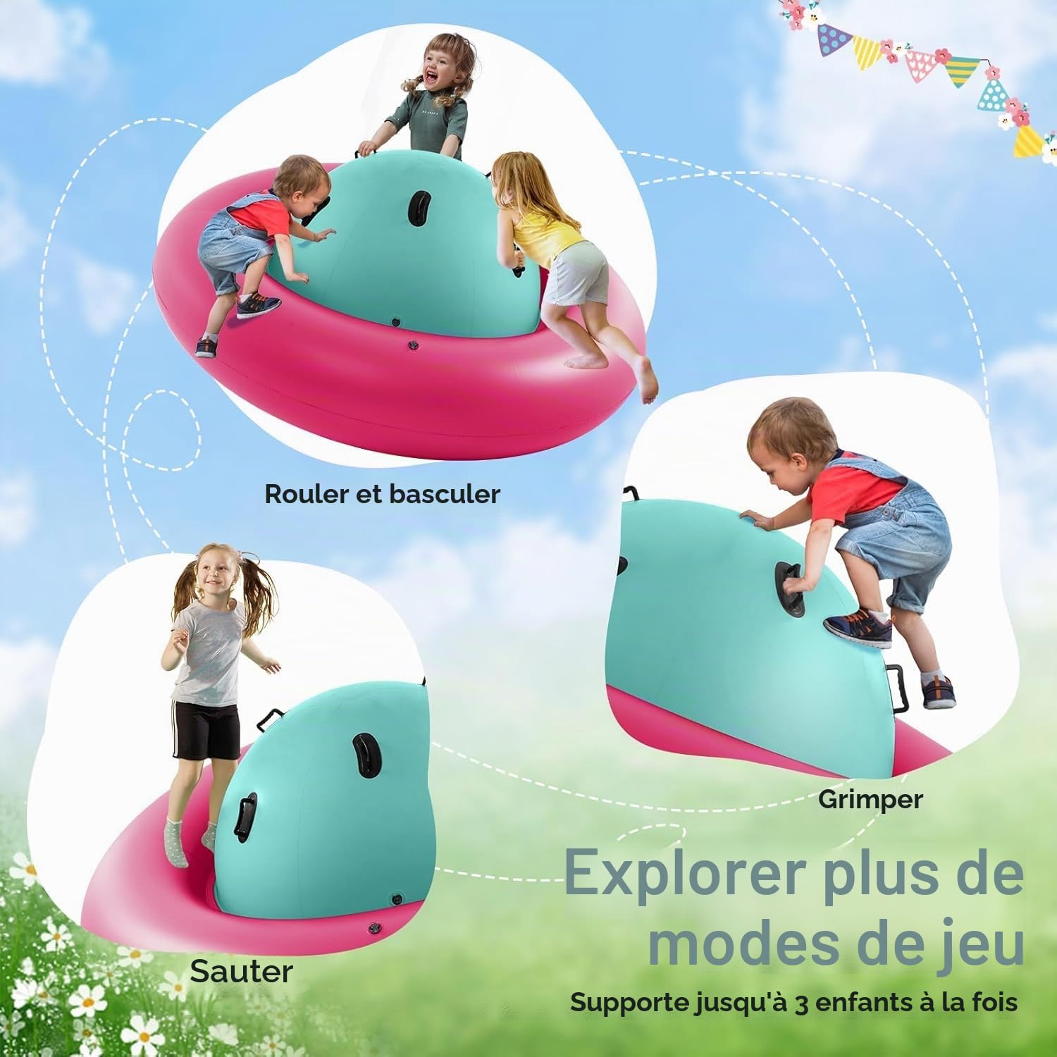FANTASK Transat Gonflable pour Enfants de 223 cm pour Rouler, Incliner, escalader et Sauter avec 6 poignées intégrées (Rose + Vert)