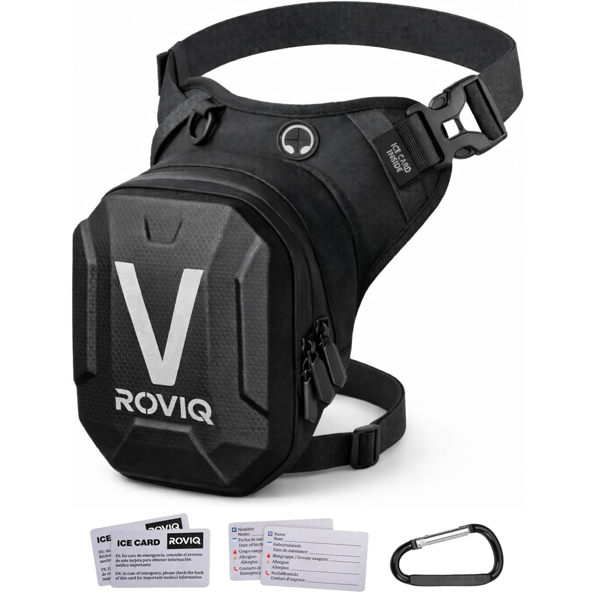 ROVIQ Pernera Moto Unisex, Bolsa Pierna Moto expandible 10-16 cm con 2 Compartimentos, Frontal EVA/PU semirrígido, Bolsillo Ice Card, 2 Ice Cards y mosquetón - Accesorios Moto
