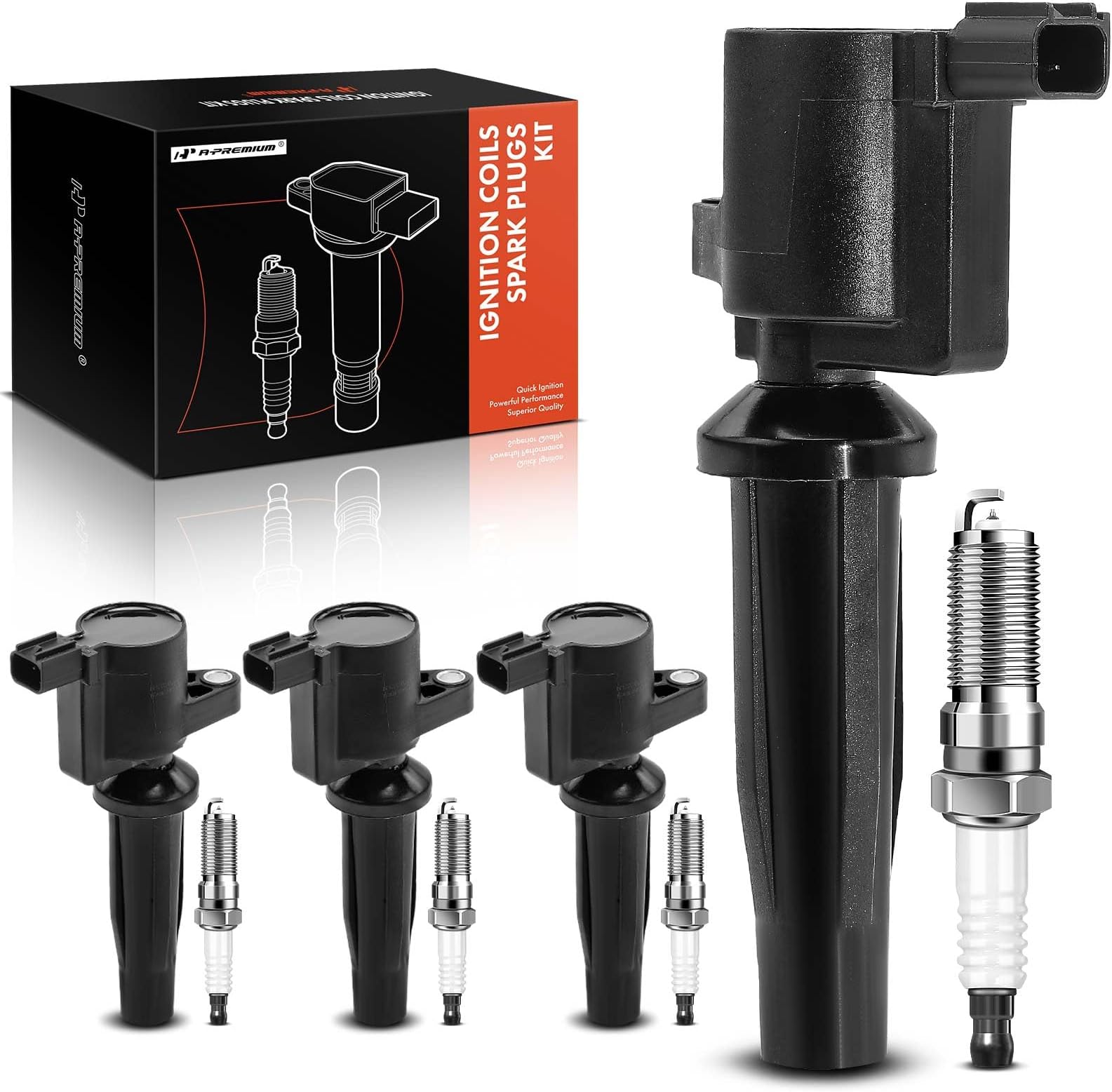 A-Premium Set of 4 Ignition Coil Pack and Iridium Spark Plugs Compatible with Ford Escape, Fusion, C-Max, Transit Connect, SSV Plug-In Hybrid, Police Responder Hybrid & Lincoln MKZ & Mercury Mariner