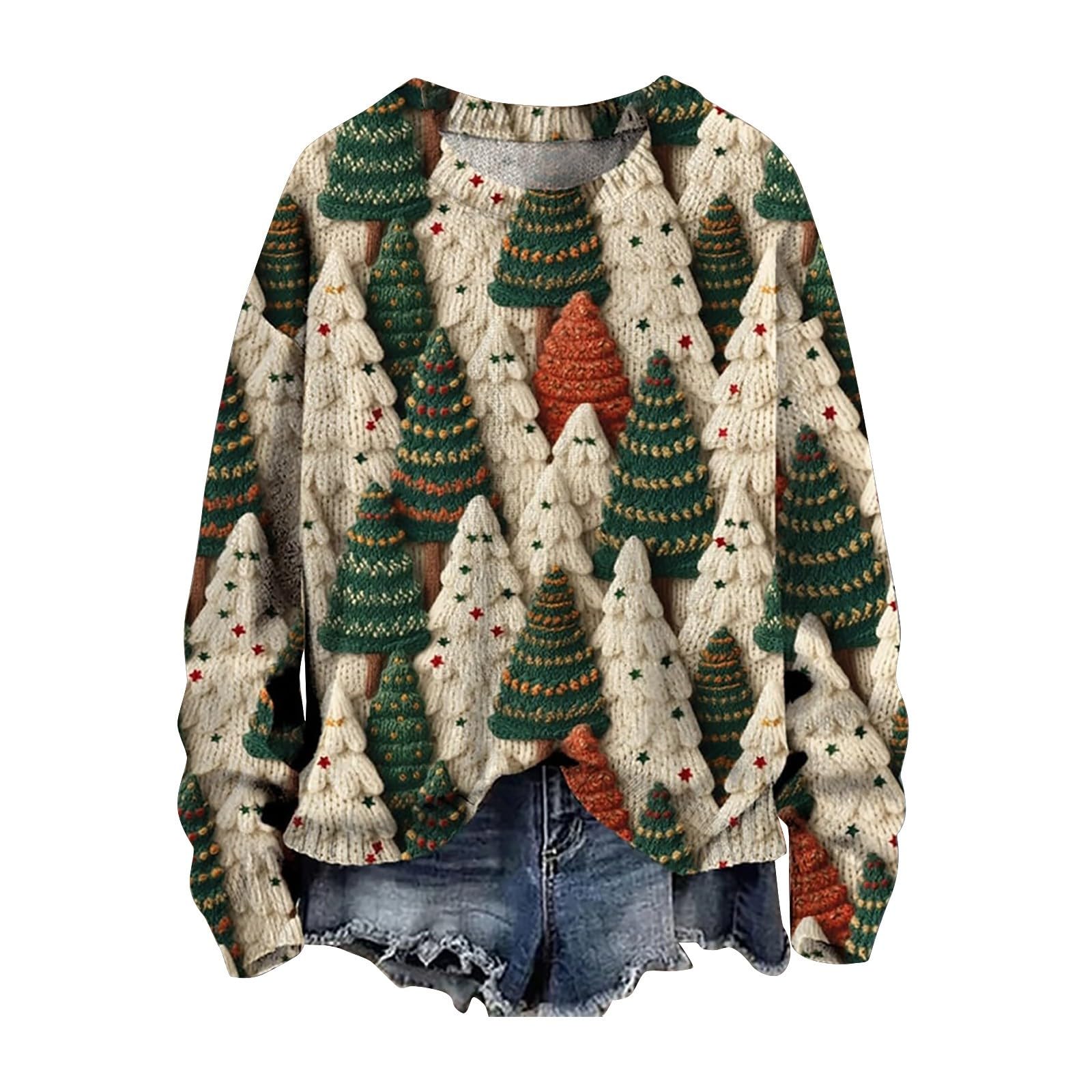Christmas Sweaters for Women Boat Neck Imitation Pullover Sweater Long Sleeve Knit Tops Ugly Xmas Holiday Sweatshirts