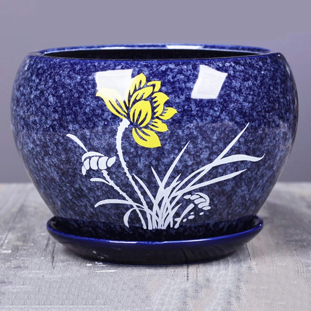 Vaso Rotondo In Ceramica Blu 25,4 Cm Con Foro Di Drenaggio E Sottovaso - Per Piante, Fiori, Casa, Patio, Ufficio