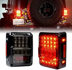 Xprite 4D Smoked LED Tail Lights Compatible with 2007-2018 Jeep Wrangler JK JKU, Plug & Play Rear Taillights w/Built-in Resistors, Parking, Brake, Turn Signal & Reverse Lights, DOT Approved