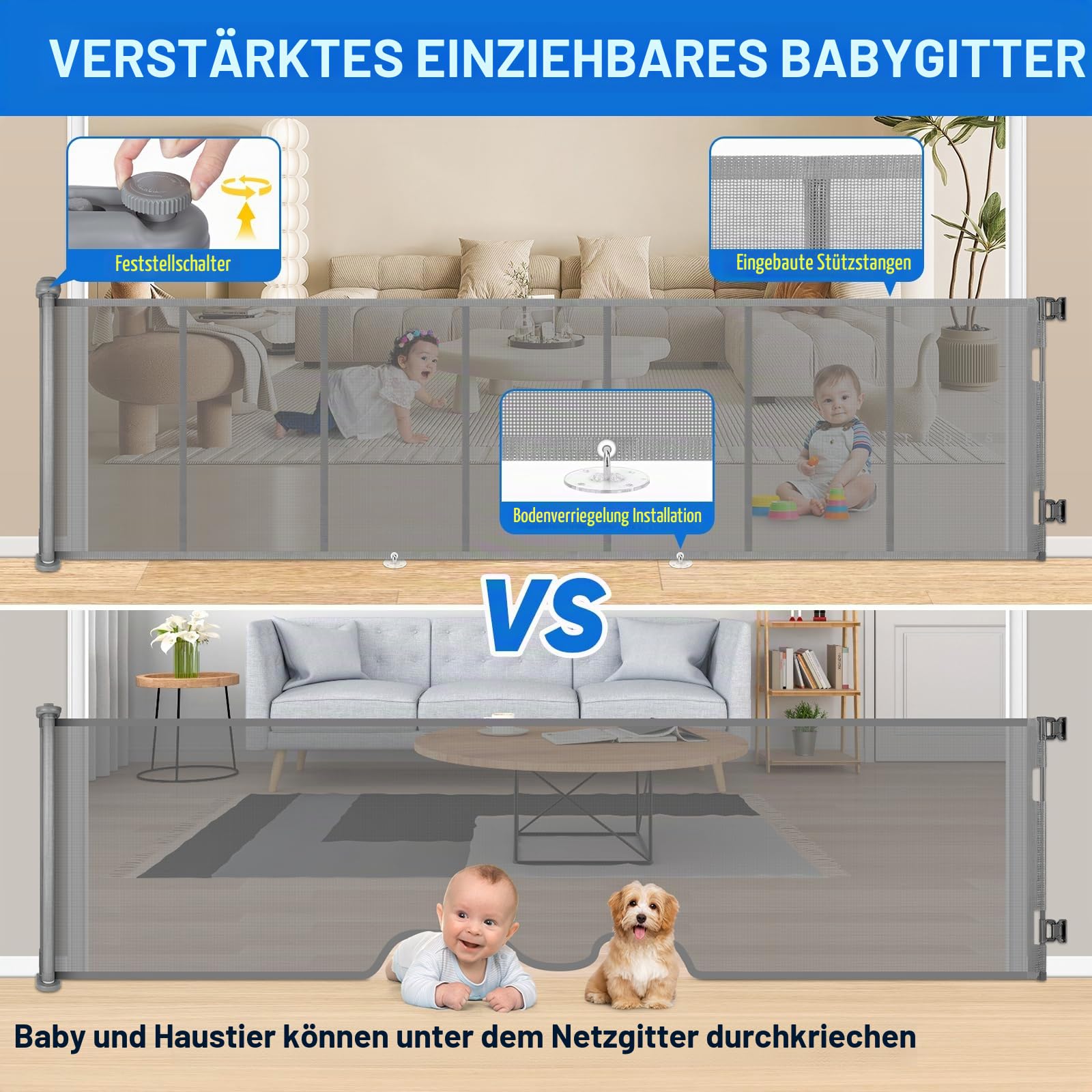 MYPIN Extra breites Türschutzgitter Ausziehbar, 0-300cm Treppenschutzrollo Hund Türgitter und Baby Treppenschutzgitter Einziehbares Tür Ausziehbare Kinder Schutzgitter für Innen- und Außenbereich,Grau