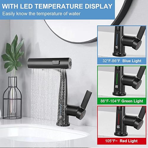 Miniatura 3 de Tivezlor Grifo de baño con rociador extraíble, pantalla de temperatura, grifo de baño elevable  giratorio de 360, grifo de lavabo de baño de un solo