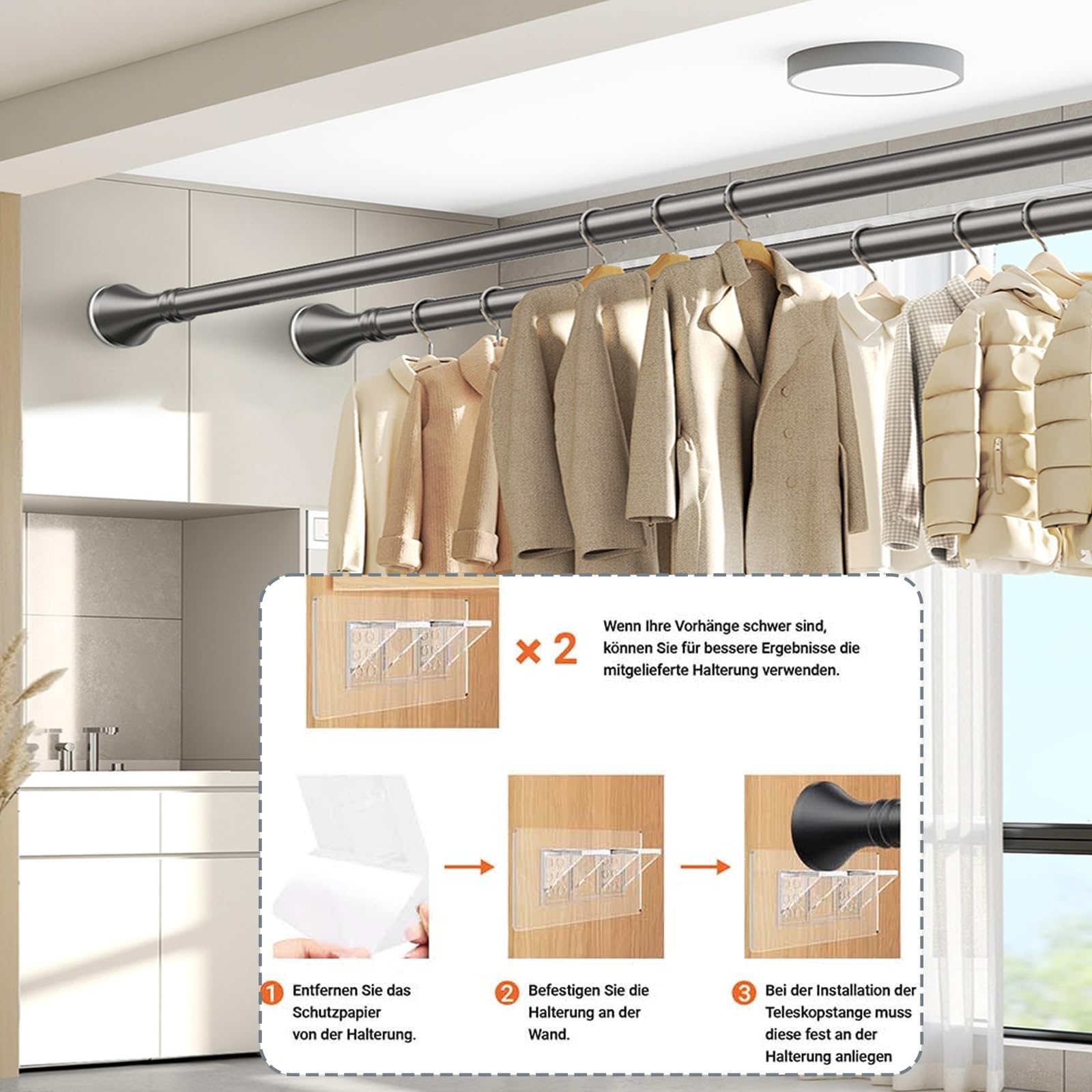 Asta Teon Adjuble da 5 m, senza trapano, facile da installare, con morsetto, asta estensibile nera, per finestre e bagno (310-400 cm)
