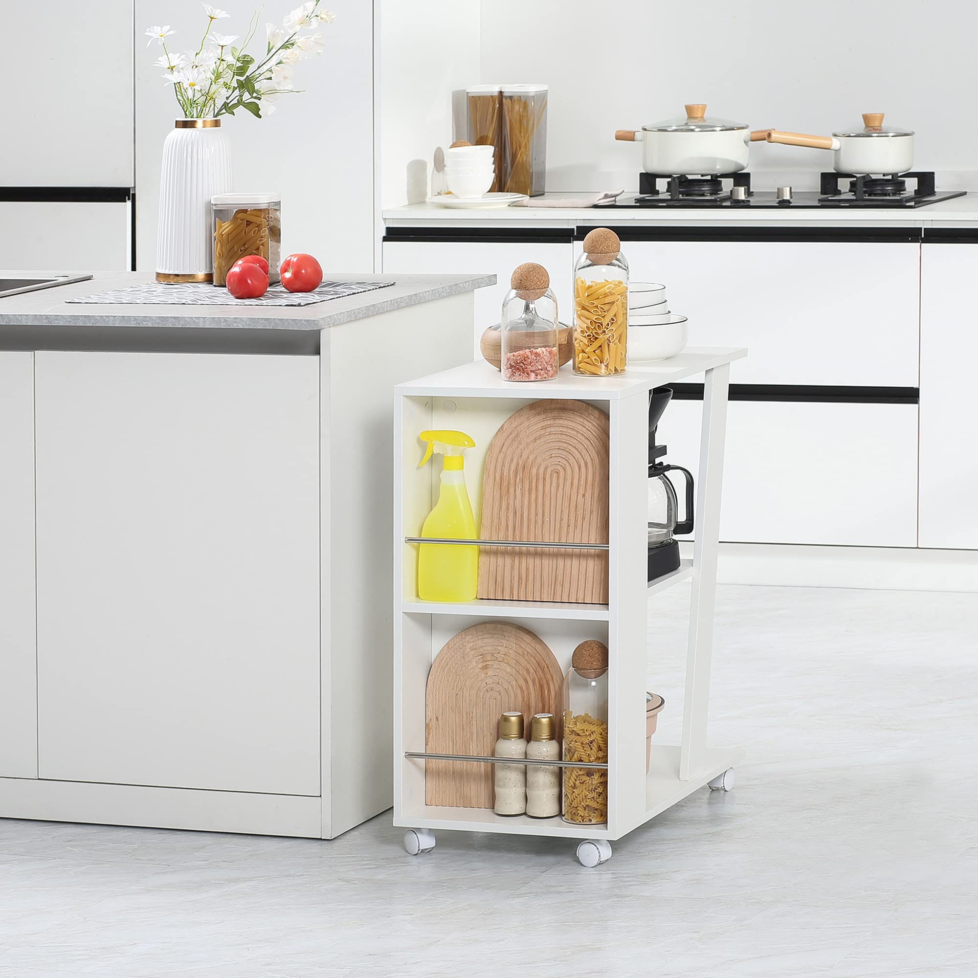 HOMCOM Carrello da Cucina in Legno con 2 Ripiani Aperti, Carrello Portavivande con Ruote Bloccabili, 60x38x77cm, Bianco