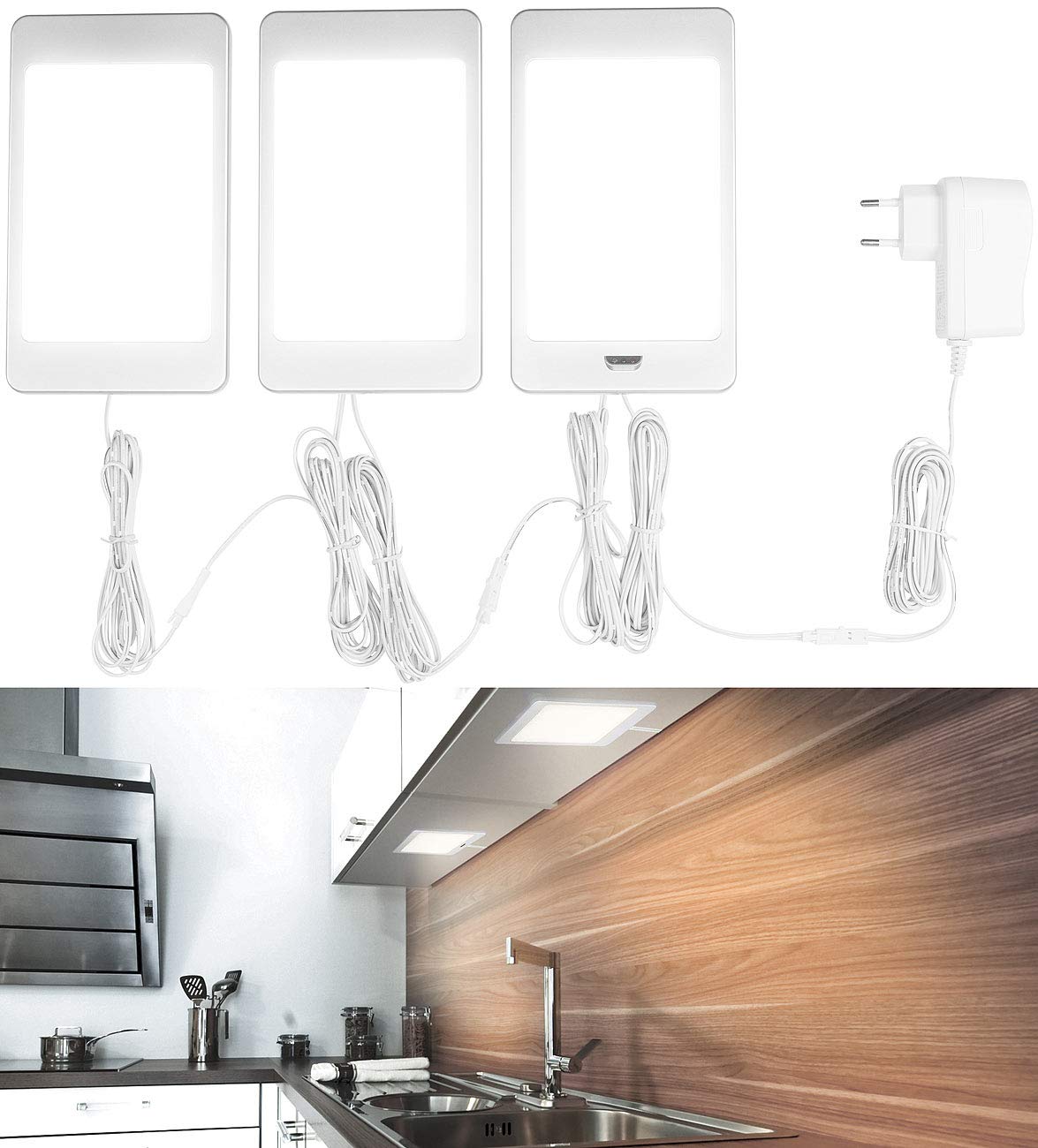 Luminea Unterbauleuchten: 3er-Set LED-Unterbaupanels mit IR-Sensor, 36 SMD-LEDs, 370 lm, 5,5 W (Unterschrankbeleuchtung, Unterschrankleuchten, Möbel)