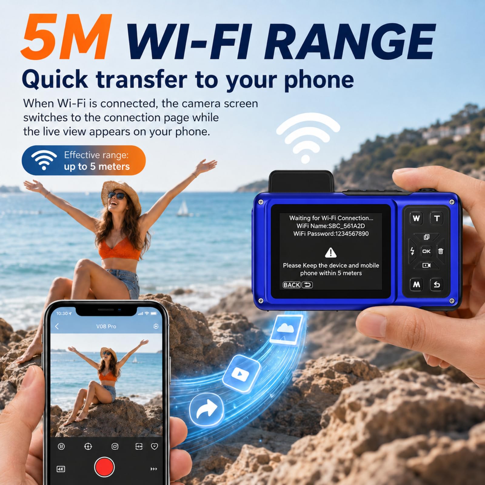 Maxmango V08 Pro 49FT Macchina Fotografica Subacquea - 8K 90MP WiFi Macchina Fotografica Digitale, 2.8'' Touchscreen Robusta Antipolvere Antiurto per Snorkeling, 64GB Fotocamera Digitale, Blu