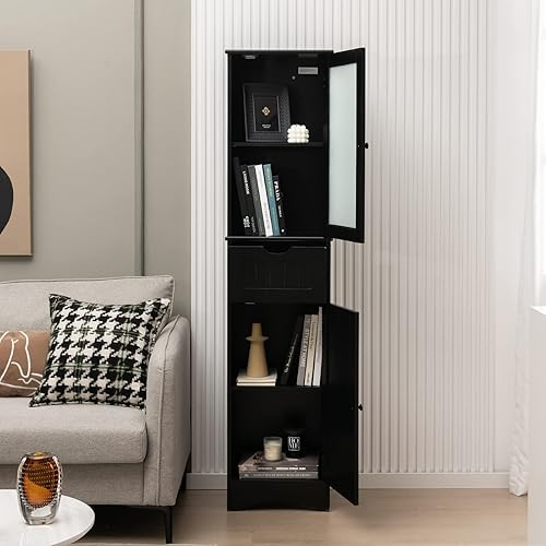 Miniatura 4 de Tangkula Armario de almacenamiento de baño de 67 pulgadas de alto, torre de lino independiente delgada con 2 puertas y 1 cajón, gabinete de piso de