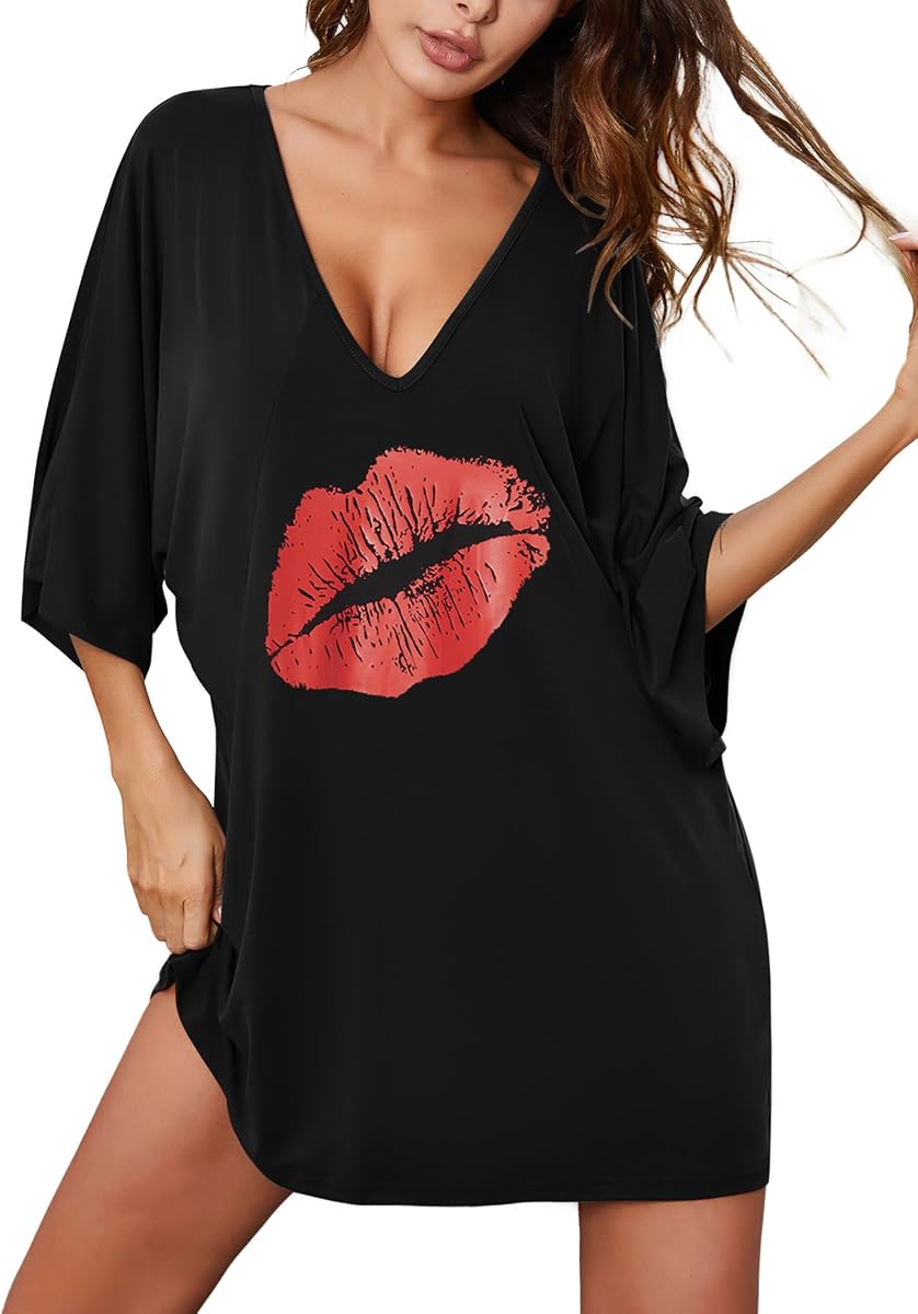 Ekouaer Nightgowns for Women Deep V Neck Sleep Shirt Oversized Night Shirt