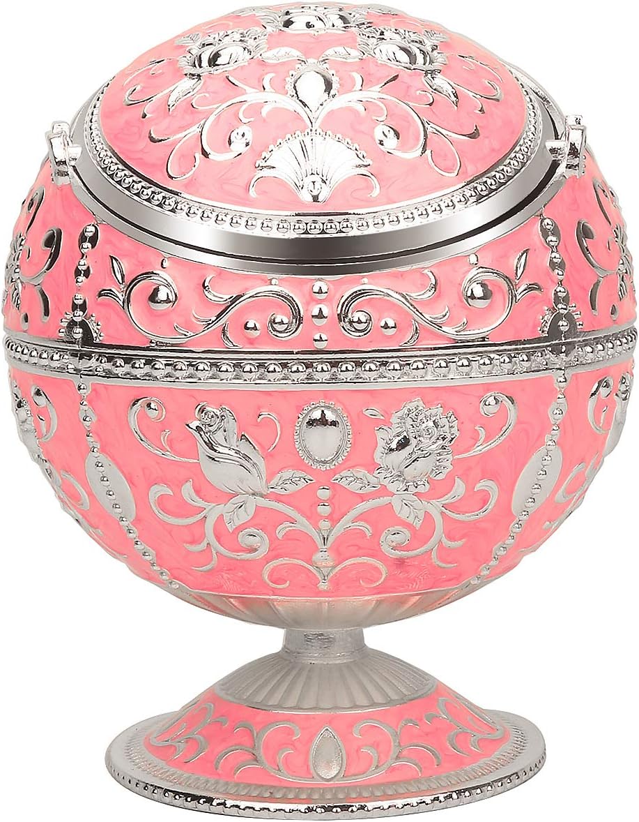 LAUYOO Windproof Ashtray with Lid for Cigarettes Metal Portable Cigar Ashtray Odor Eliminator for Indoor outdoor Hand Stamped Rose Pattern with Sparkle Fancy Gift for Men Women-Pink&silver