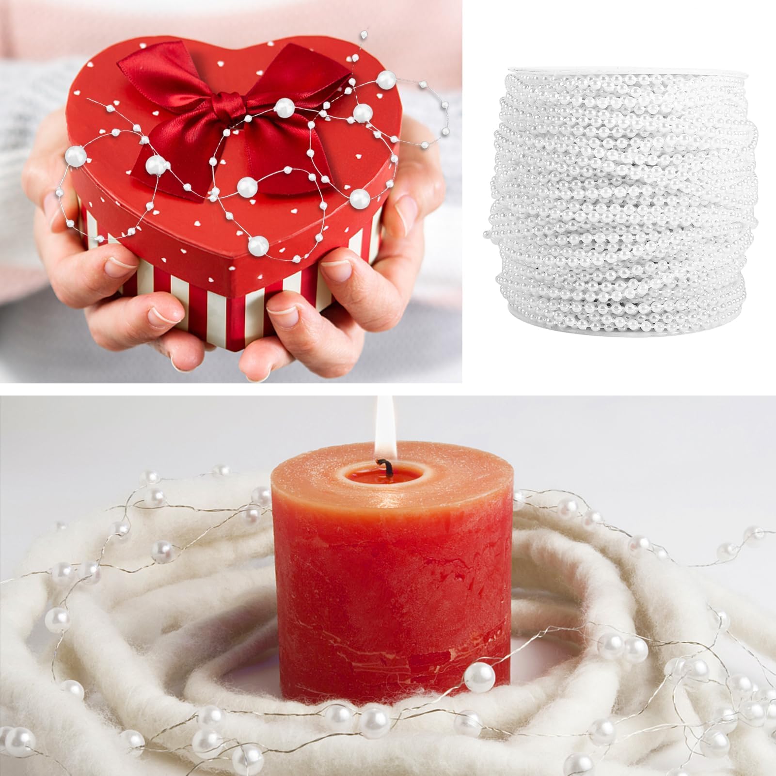 Ghirlanda di perle finte da 3mm per artigianato, Catena Perle Decorative da 50 Metri per Decorazioni Albero di Natale, Tavola e Gioielli Fai-da-Te
