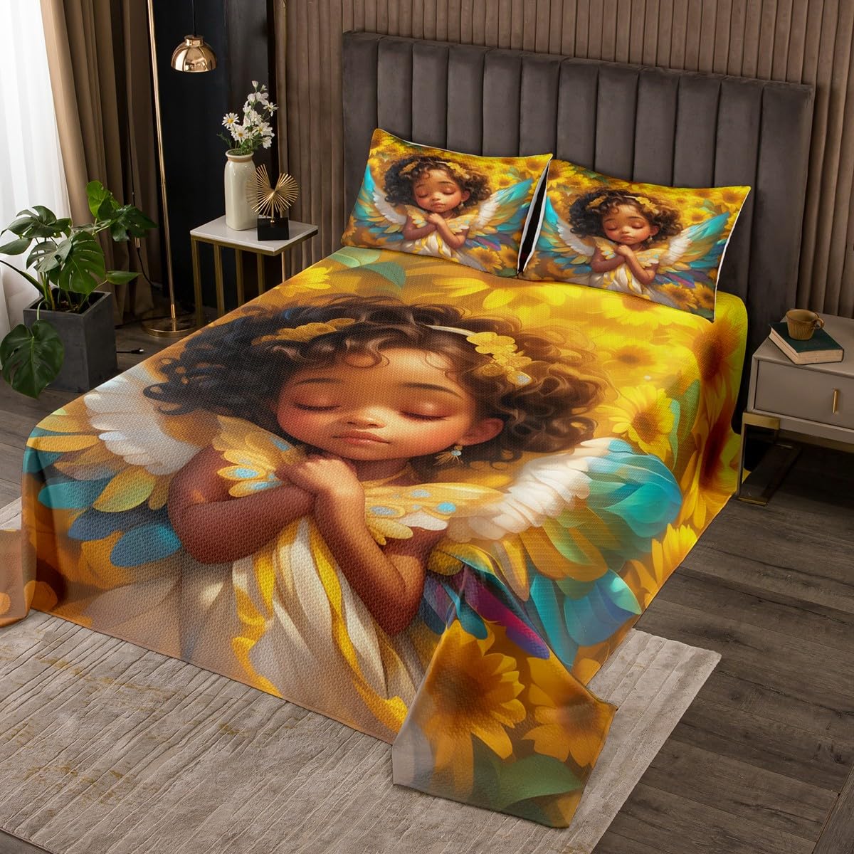 Kawaii Girl Bedspread Queen Size Dreamy Angel Fairy Tale Coverlet Set Kids Room Present Natural Sunflower Bedroom Decor Bedding Set American Style Cute Girly Bedding with 2 Pillowcases