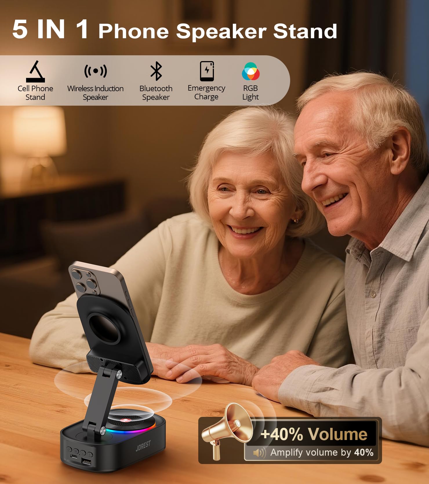 Jorest Enceintes Bluetooth avec Support Téléphone Mobile,Haut Parleur Induction avec Support Tablette,Compatible avec Iphone Ipad Tablet,Cadeau Anniversaire Homme,Cadeau Peres Maitresse Femme Maman