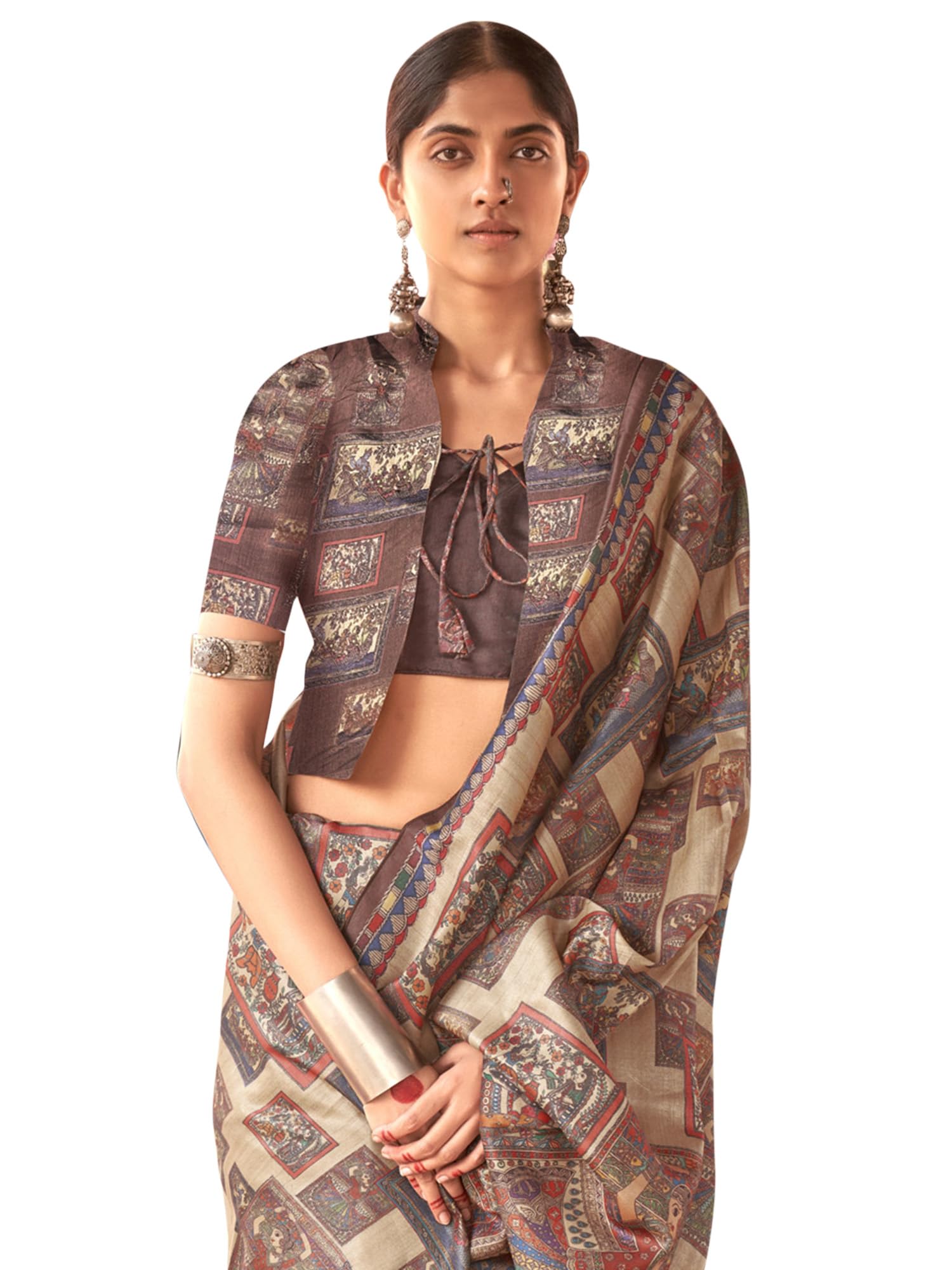 SAREE MALL Women's Silk Blend Madhubani Printed Saree With Unstitched Blouse Piece