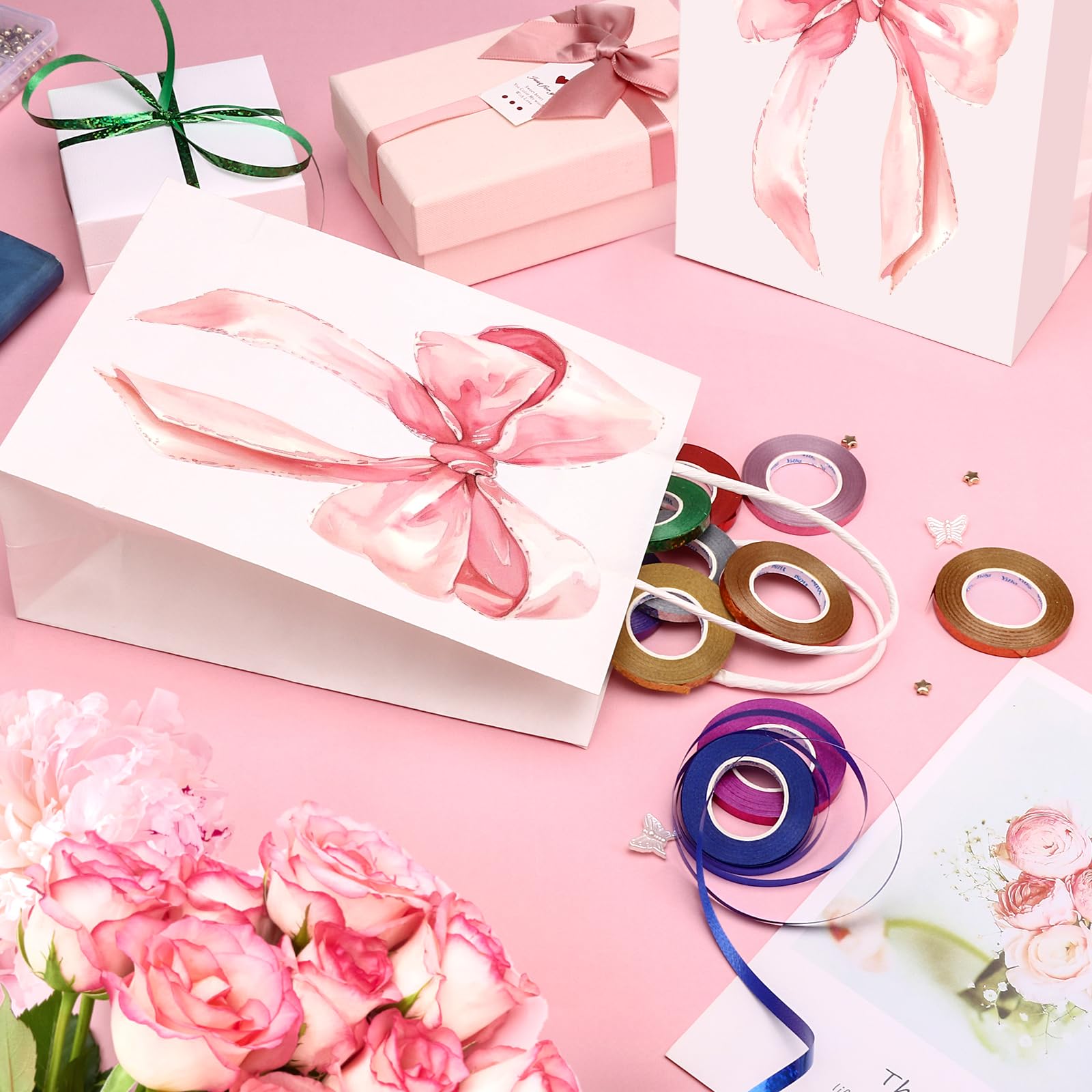 Draupnir 12PCS Coquette Pink Bow Paper Gift Bags, Party Favor Bags, Pink Goodie Bags for Birthday&Bachelorette Party Decoration Coquette Bow Gift Pouches with Handles 8.3x5.9x3.1 Inch