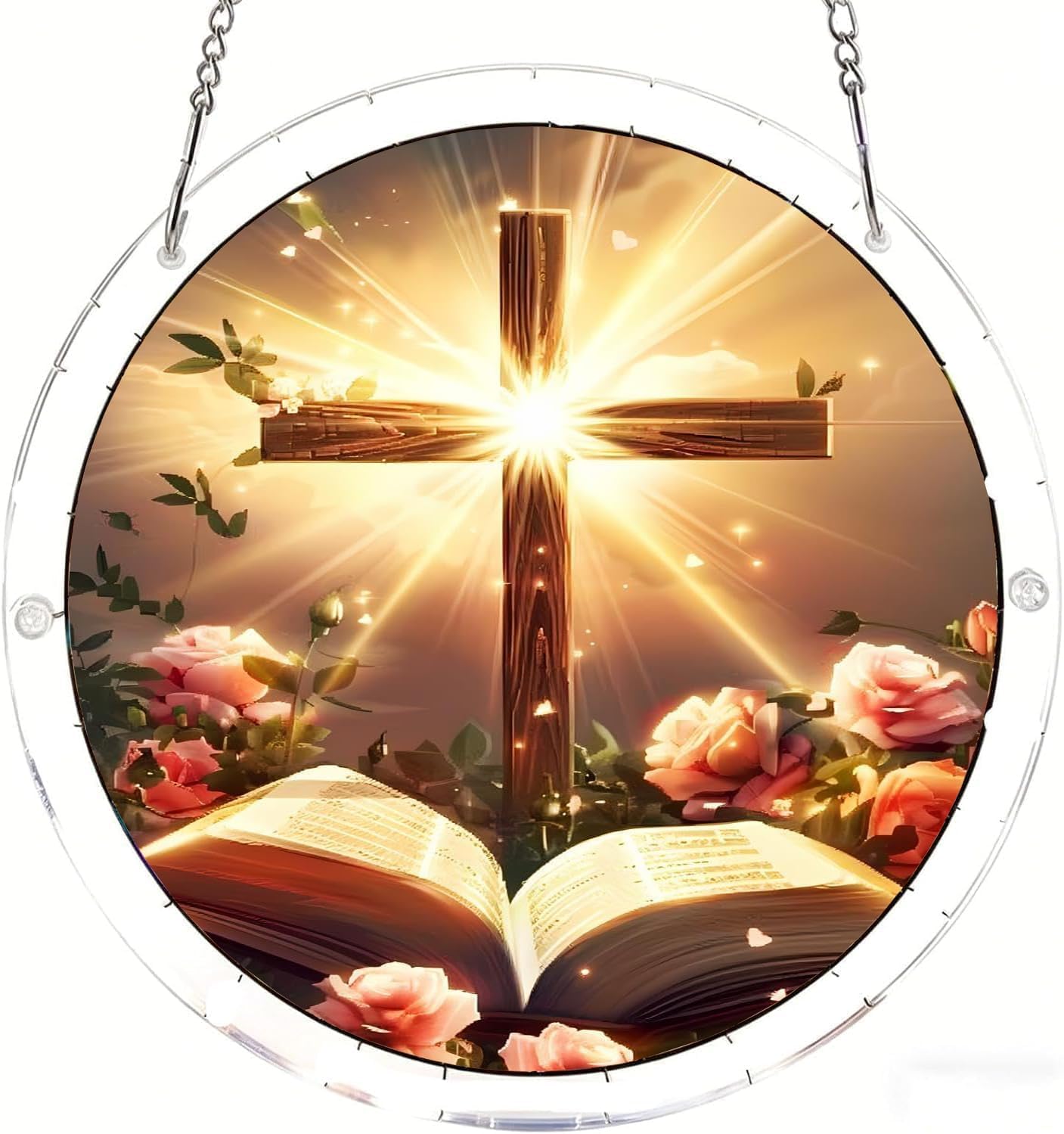 The Cross Shining Brightly Surrounded by Roses Acrylic Jigsaw Puzzles Suncatcher, 7.4 Inch Window Hanging Suncatcher Acrylic Puzzle, DIY Home Decor Art Gift