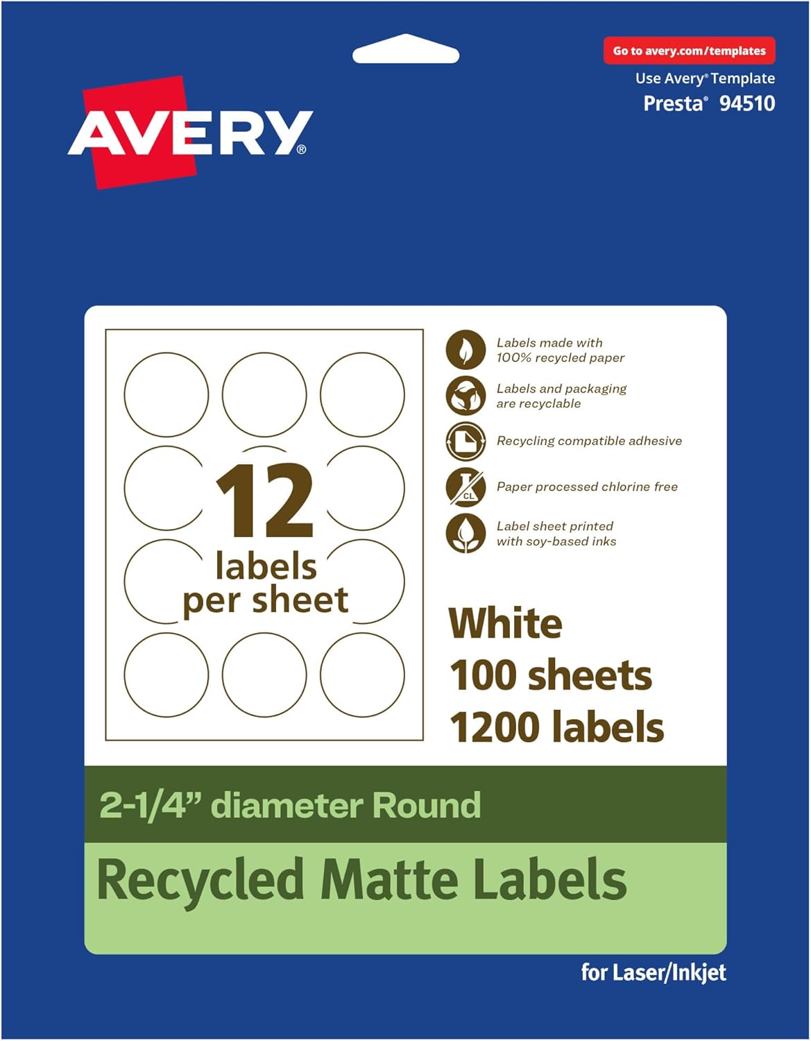Avery EcoFriendly Matte White Recycled Round Labels, 2.25" Diameter, Print-to-The-Edge, Matte White Labels, Permanent Adhesive, Laser/Inkjet Printable, 1,200 Total