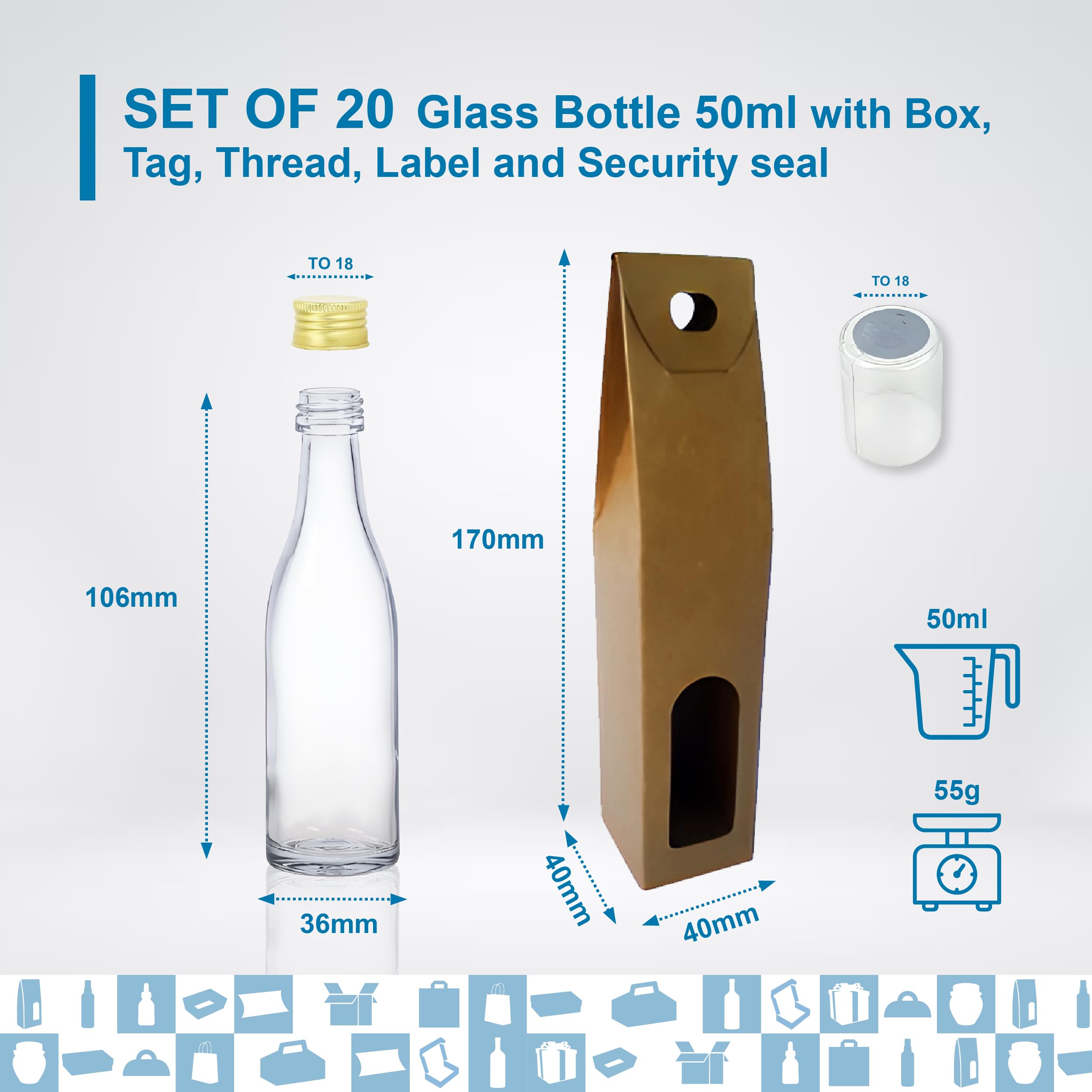 20 mini botellas de cristal de 50 ml con tapón de rosca dorado, caja, etiqueta kraft, hilo y etiqueta personalizable- Minibotellas de alcohol de 5 cl, pequeñas muestras - regalos, bodas