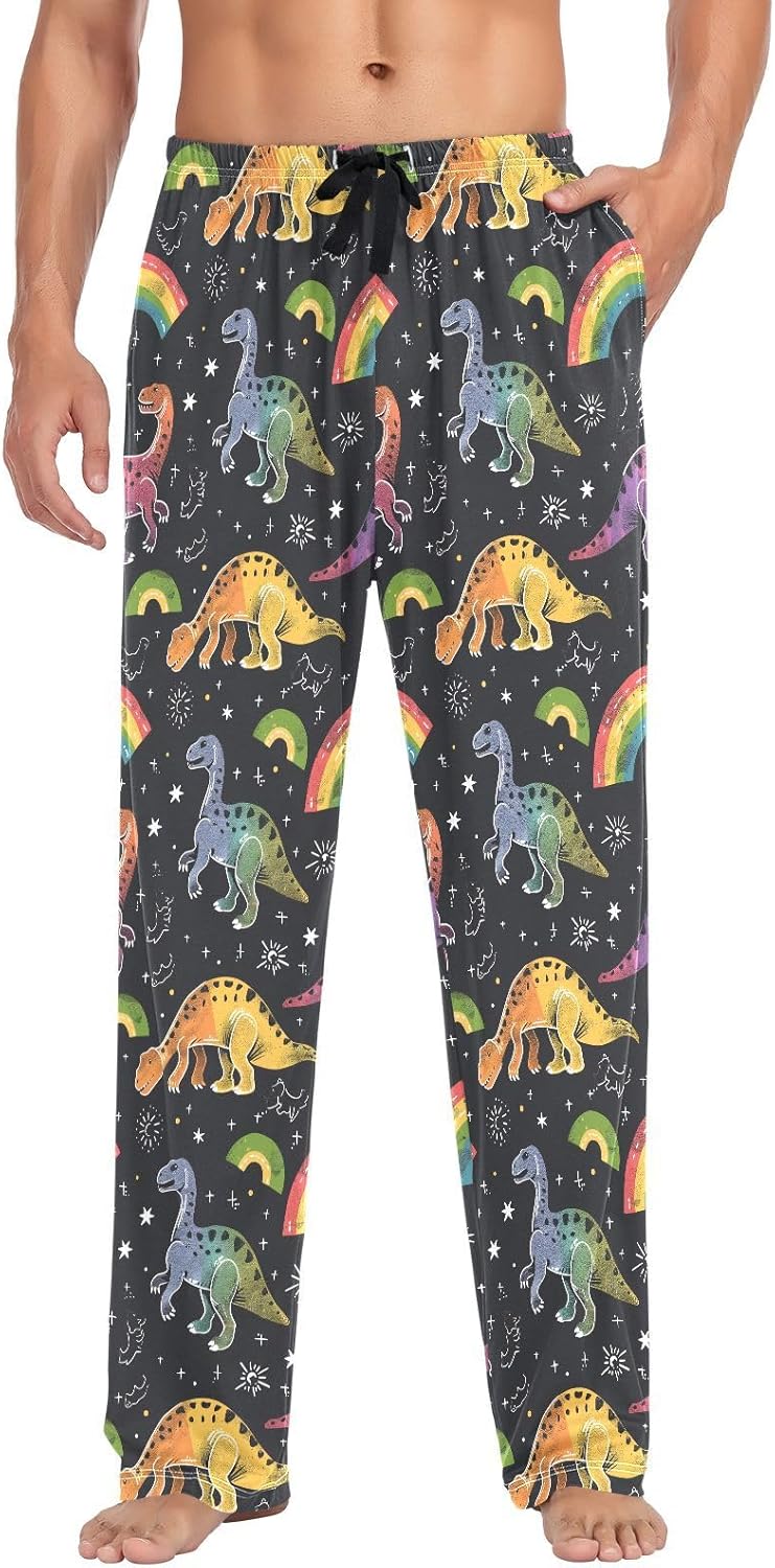 ALAZA Cute Dinosaur Dino Animal Rainbow Men's Pajama Pants Men Cotton Pajama Bottoms with Pockets, S