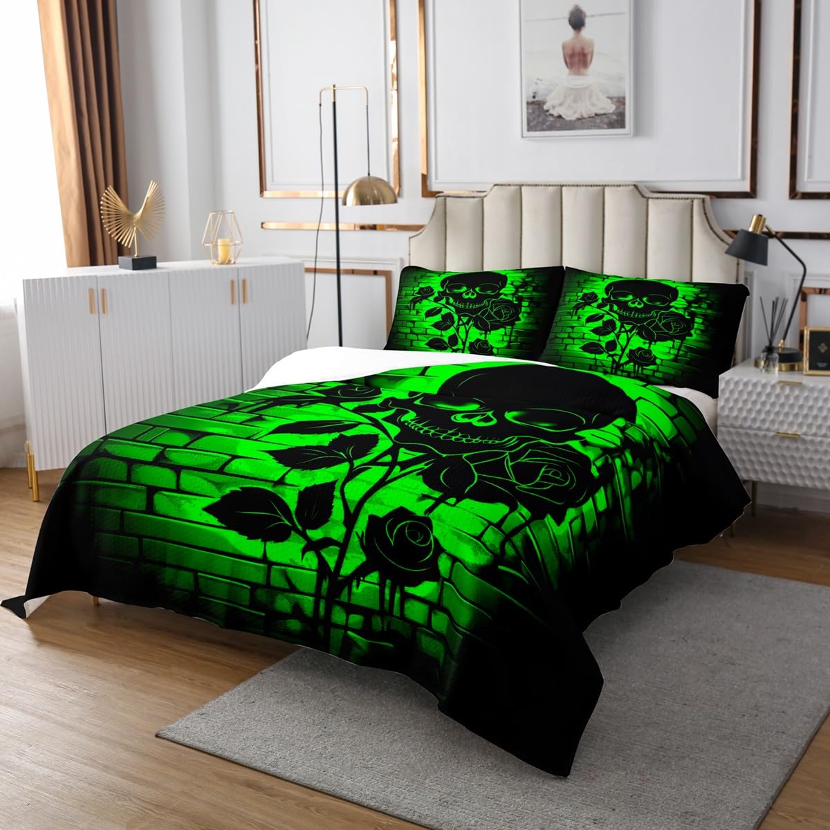 Castle Fairy Skull Silhouette Bedspread King Size Gothic Rose Flower Coverlet Set Kids Bedroom Present Romantic Fashion Neon Green Decor Bedding Set Skeleton Bedding with 2 Pillowcases