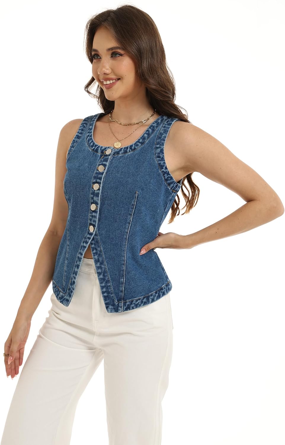D-Sun Women Sleeveless Denim Vest Crewneck Button Down Jean Waistcoat Casual Front Slit Slim Denim Tank Top - Image 5