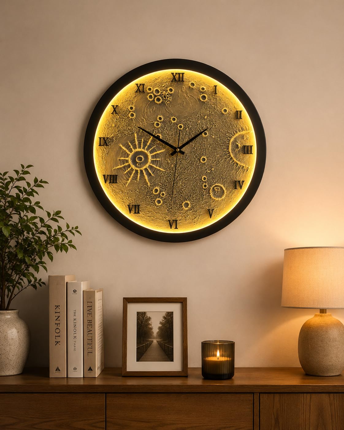 modern moon design wall clock for living room bedroom & office silent non-ticking decorative round wall clock with roman numbers contemporary home décor clock for hall café & hotel (13 inches)