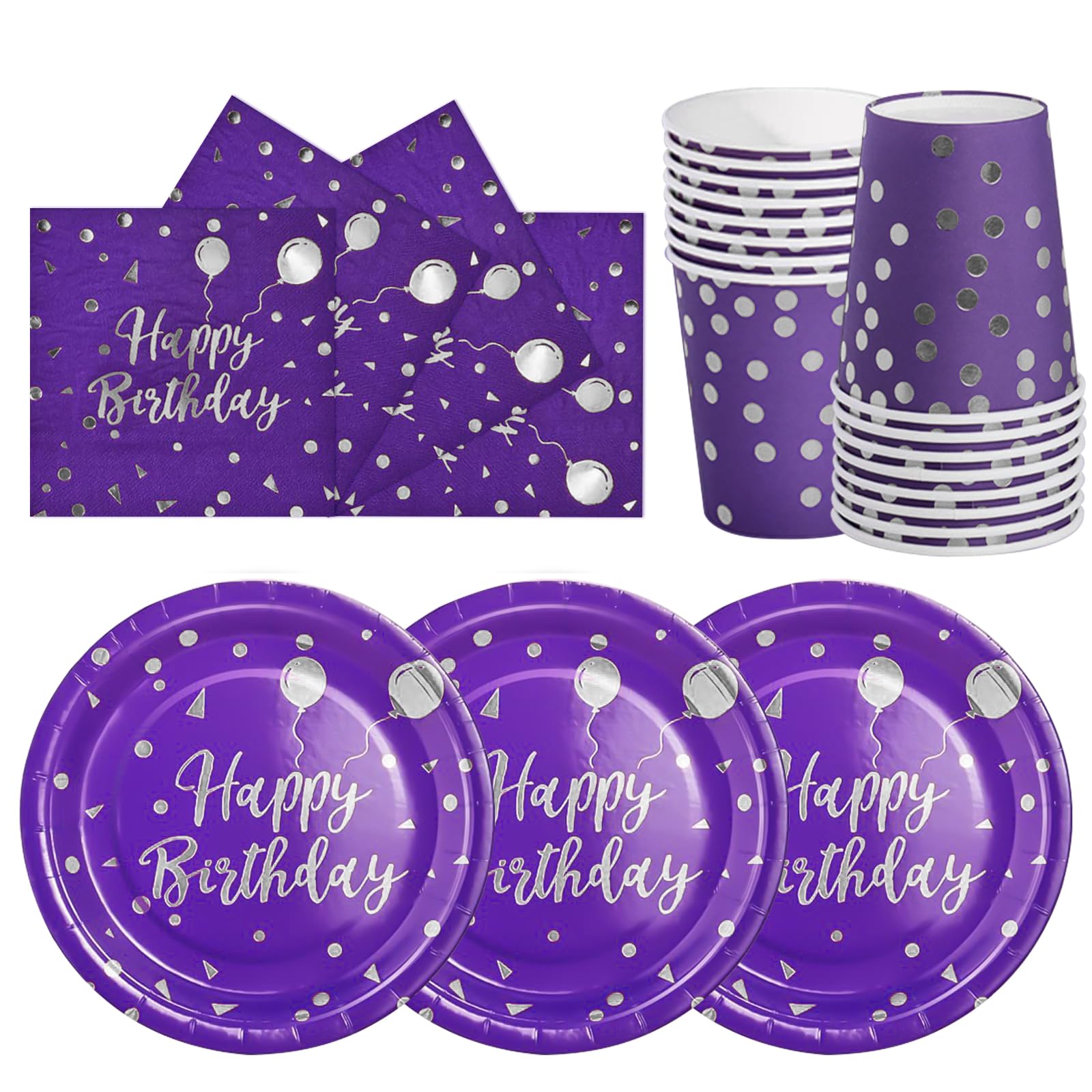 hailstones Purple Silver Dots Party Tableware Set for 24 Guests, Happy Birthday Party Plates Set, Disposable Plates Cups Napkins Paper Plates, Kids Men Women Birthday Decor