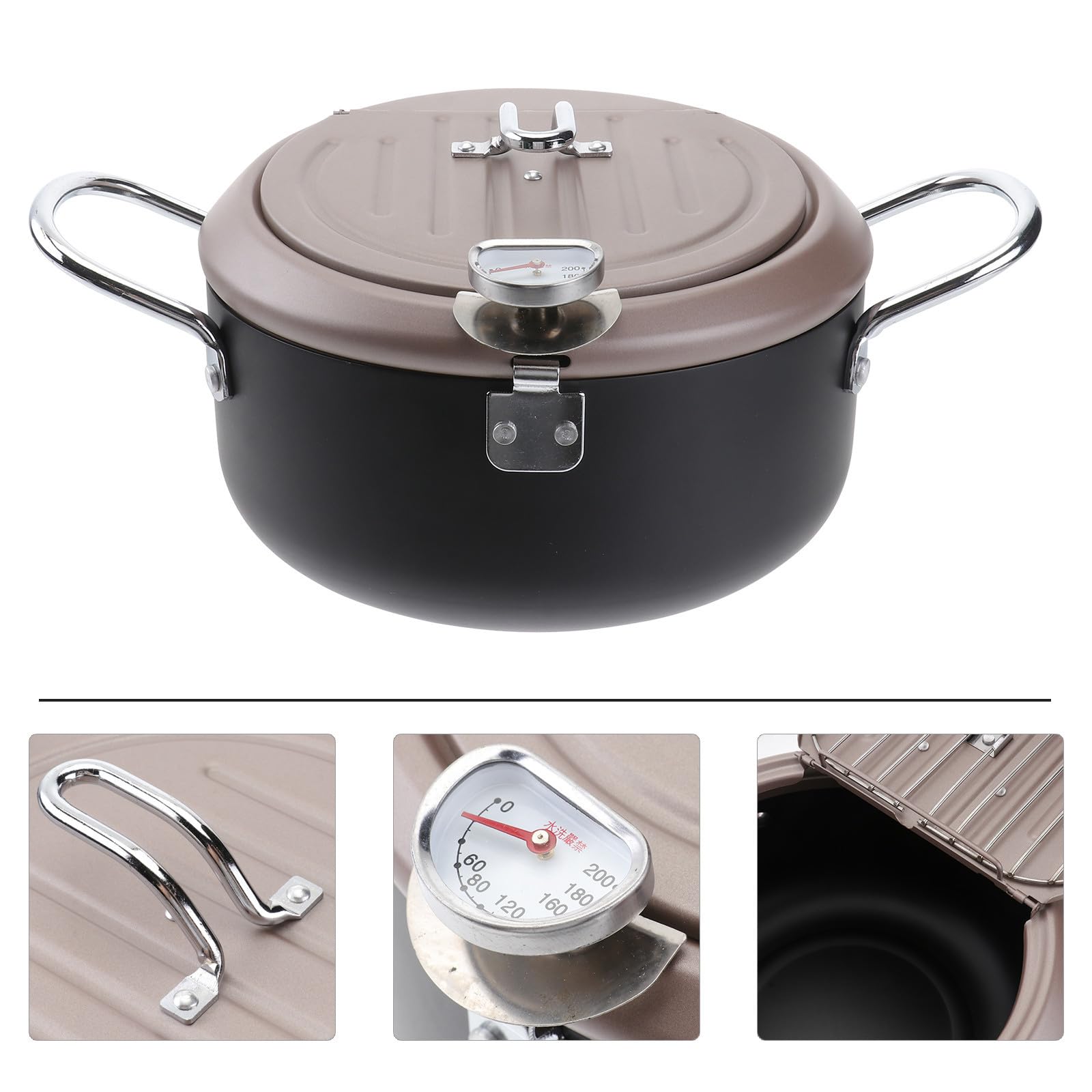 POPETPOP Freidora Japonesa Termómetro y Filtro de Aceite Sartén Profunda Anti-Salpicaduras con Tapa y Rejilla para Escurrir Utensilio para Freír Cocina de Gas y Eléctrica